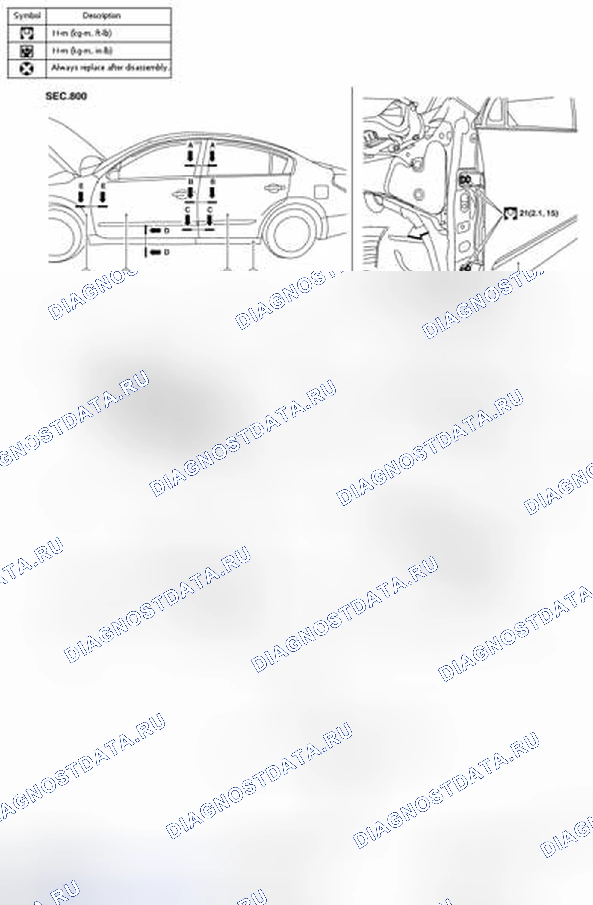 Рис. 931: ПЕРЕДНЯЯ ДВЕРЬ: Регулировка. Nissan Altima L32 рестайлинг