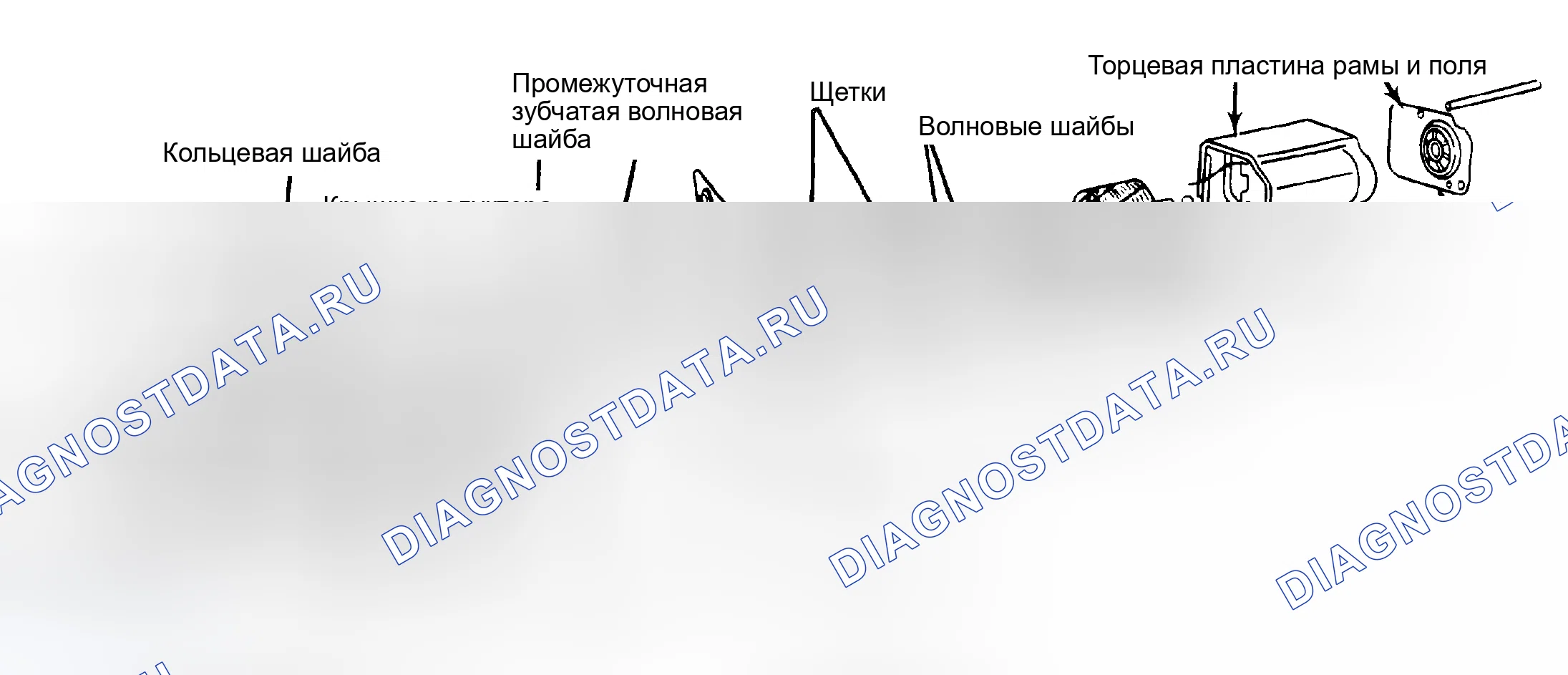Рис. 1: Разнесенный вид двигателя стеклоочистителя и привода в сборе. GMC Vandura I
