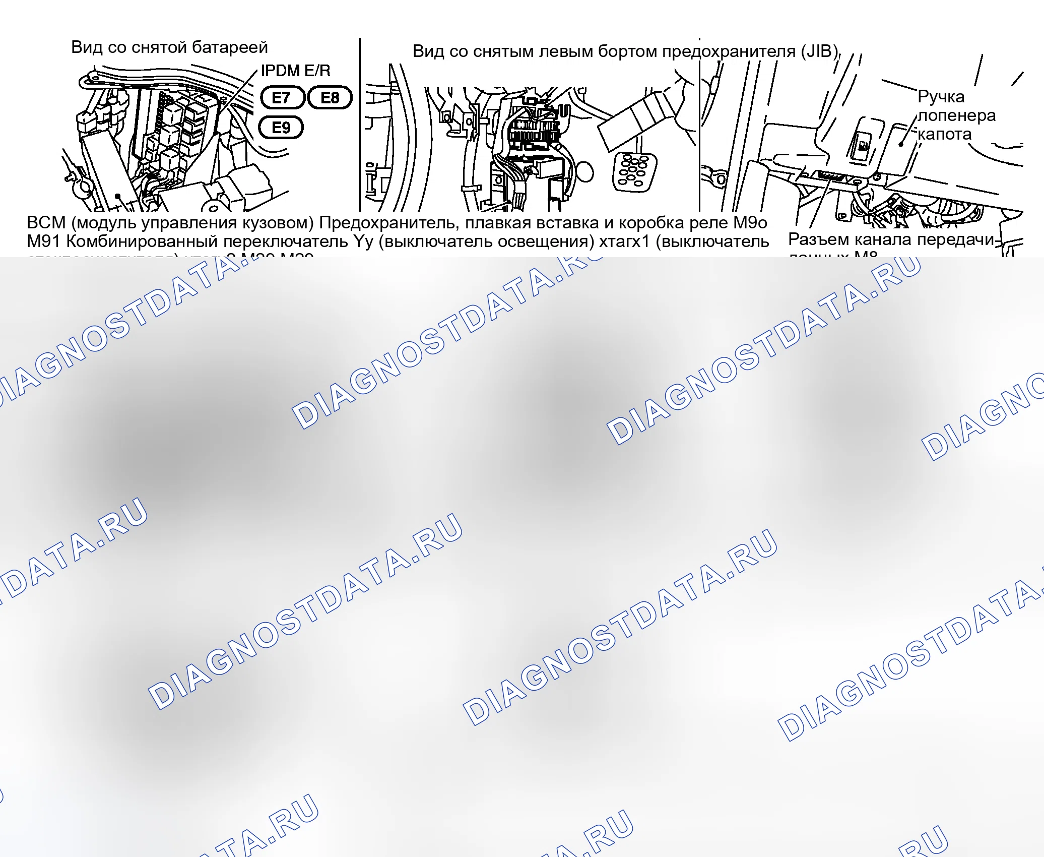 Рис. 30: Расположение компонентов и разъемов кабелей. Honda Logo I