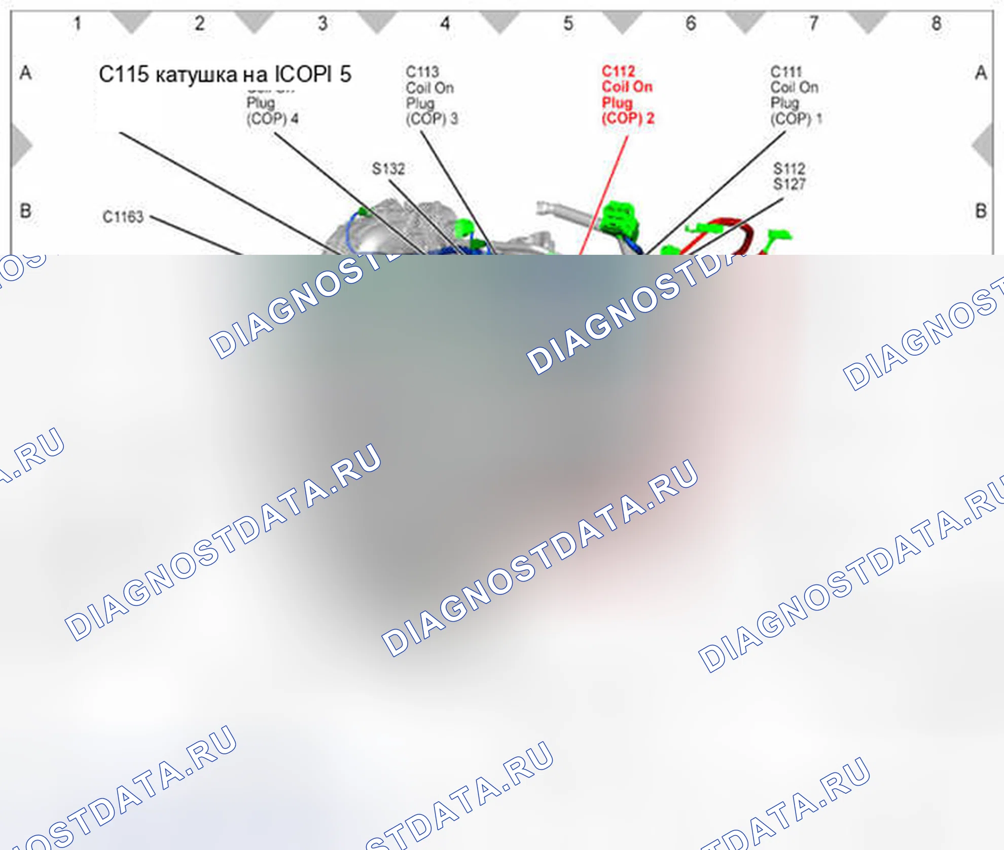 Рис. 63: C112 (6.8L) Передняя правая сторона двигателя в верхнем положении - катушка на штекере (COP) 2. Ford Pickup F250 Super Duty II