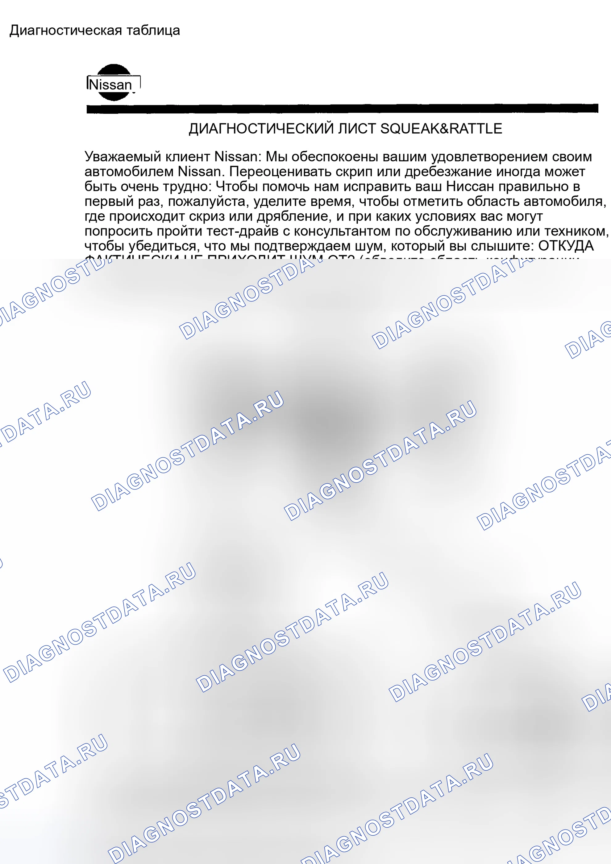 Рис. 23: ДИАГНОСТИЧЕСКИЙ ЛИСТ. Nissan Sentra B15