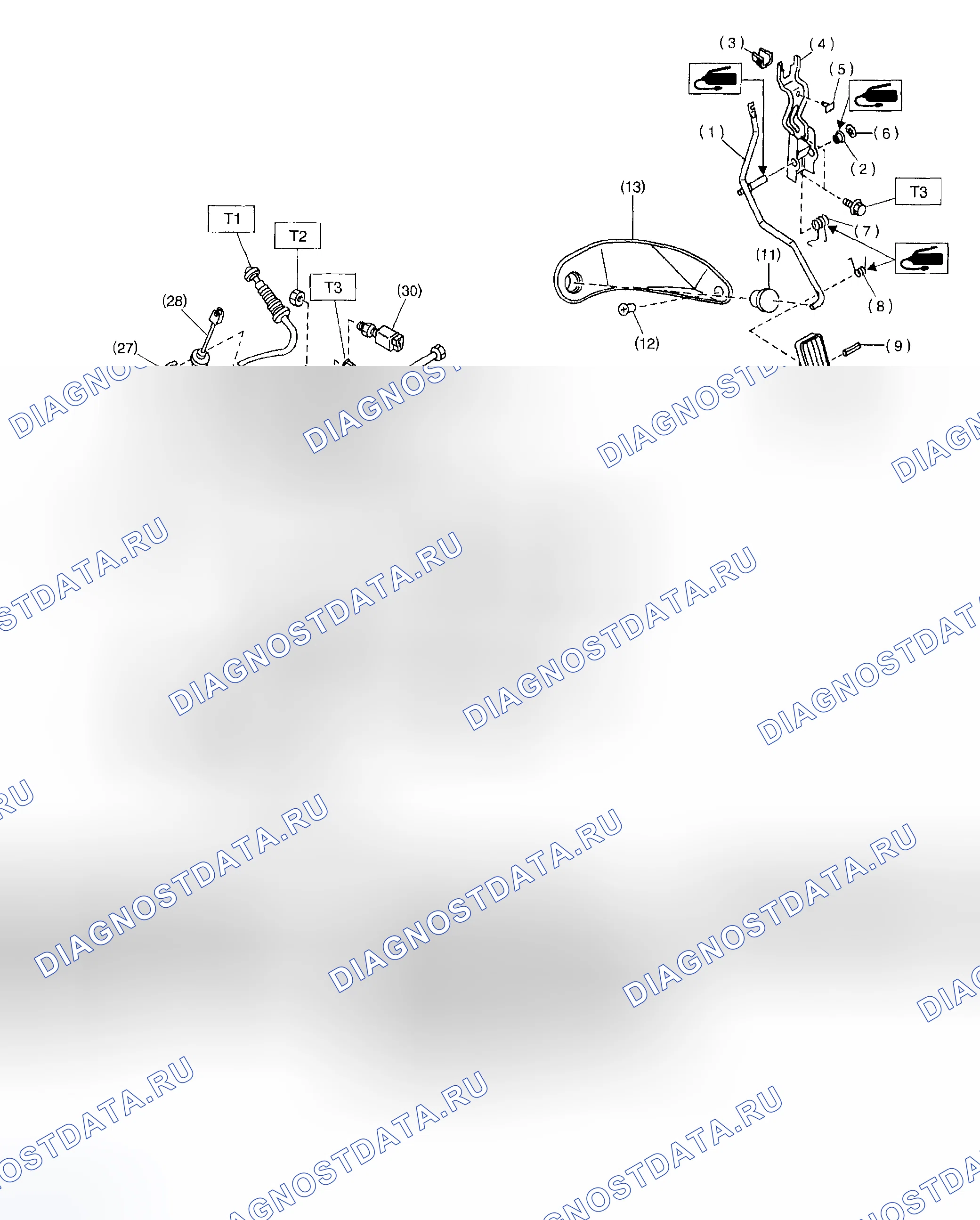 Рис. 2: Идентификация компонентов педали сцепления (2200cc). Subaru Impreza GD/GC/GG