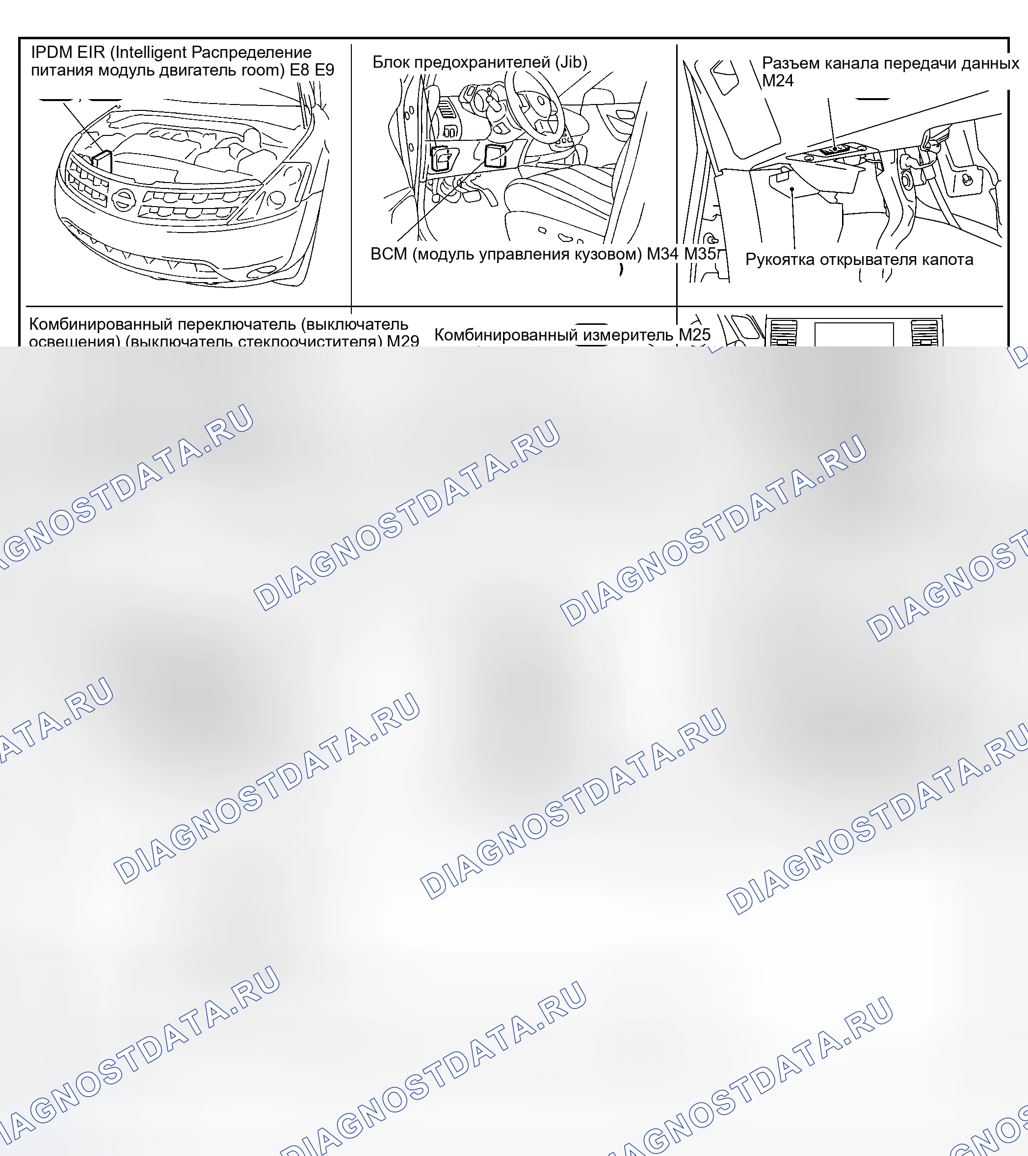 Рис. 166: Расположение компонентов и соединителя электрического жгута. Nissan Murano Z50