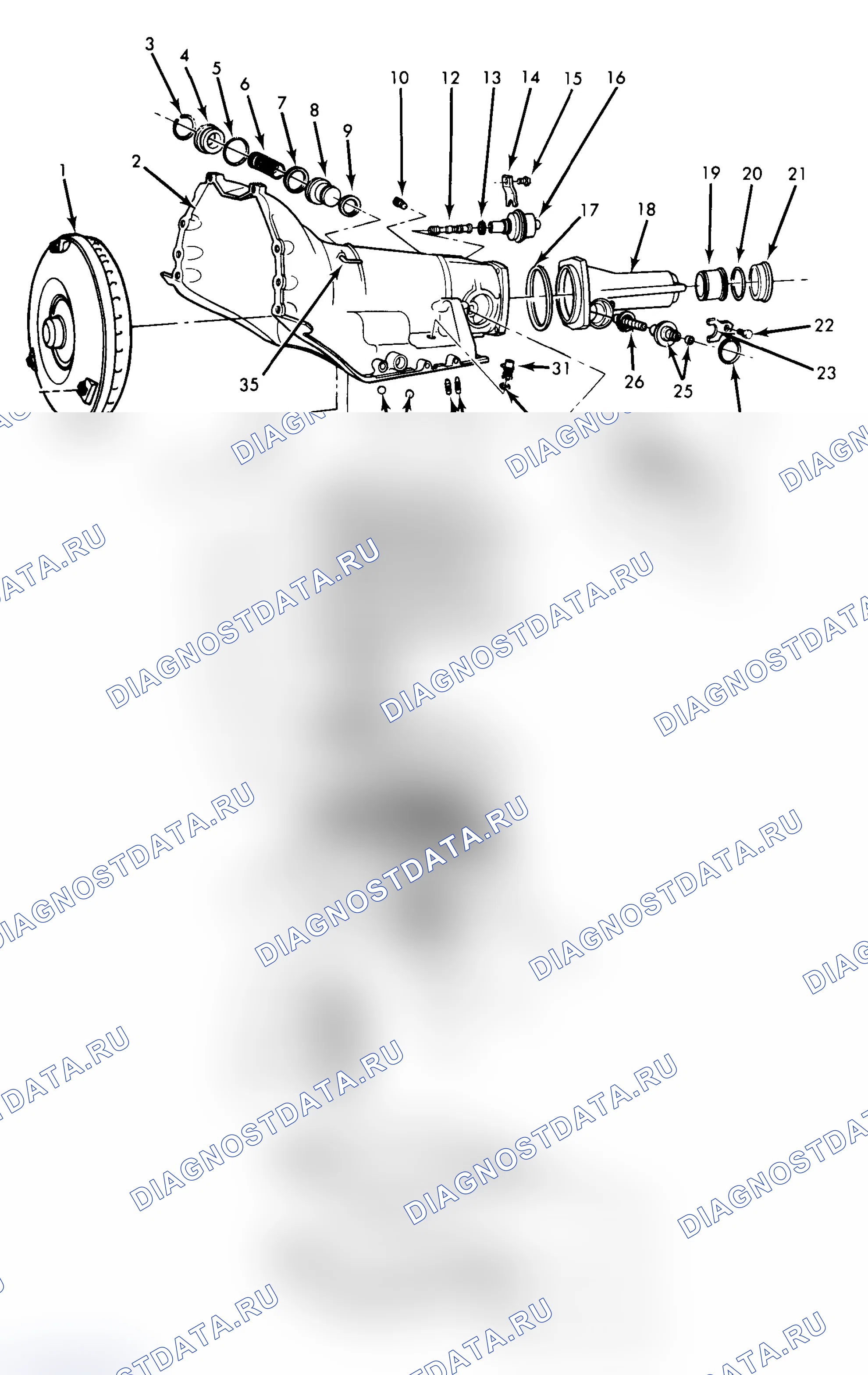 Рис. 2: Разнесенный вид внешних частей 350C Turbo Hydra-Matic (1 из 2). Chevrolet El Camino V