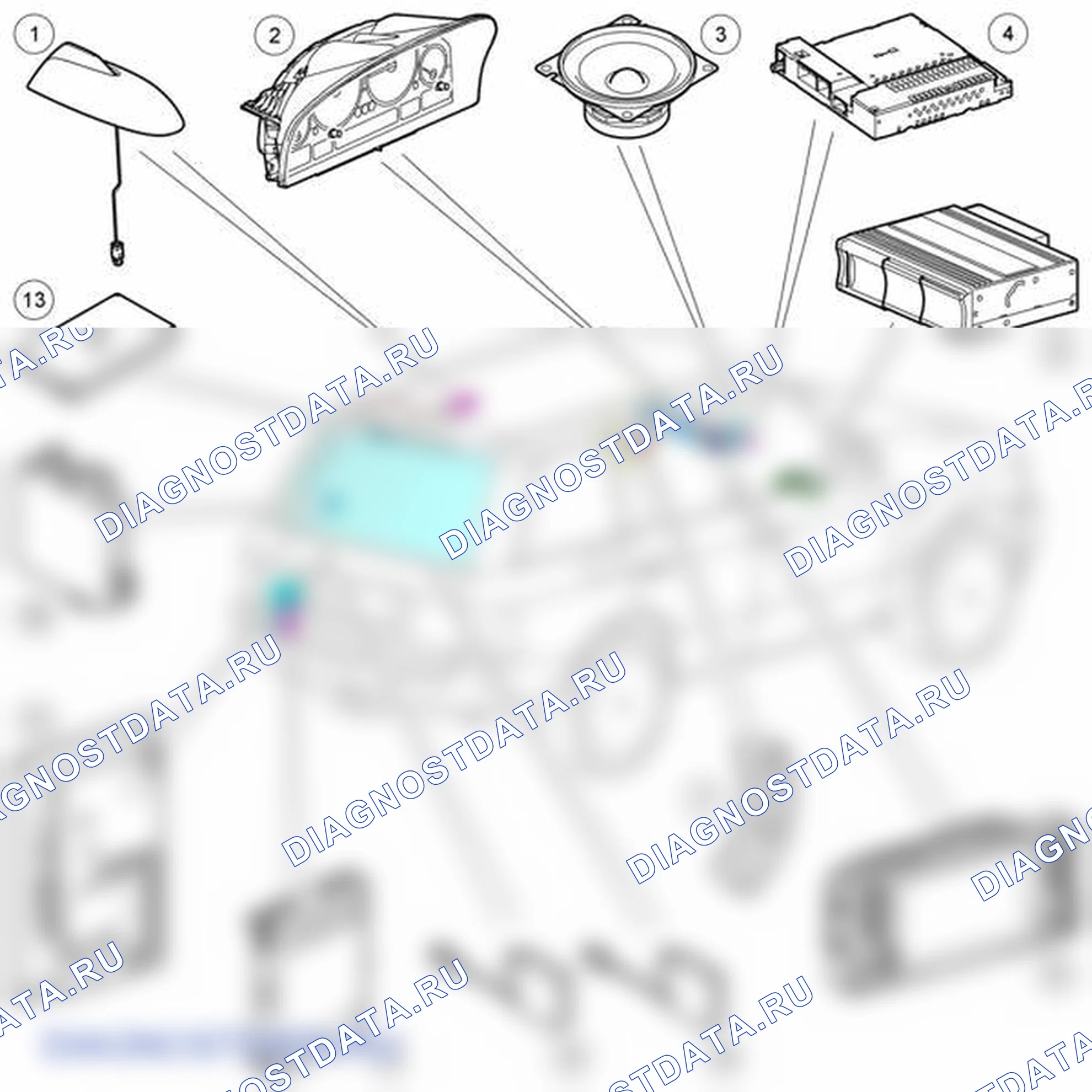 Рис. 1: РАСПОЛОЖЕНИЕ КОМПОНЕНТОВ АУДИОСИСТЕМЫ. Land Rover Range Rover L322