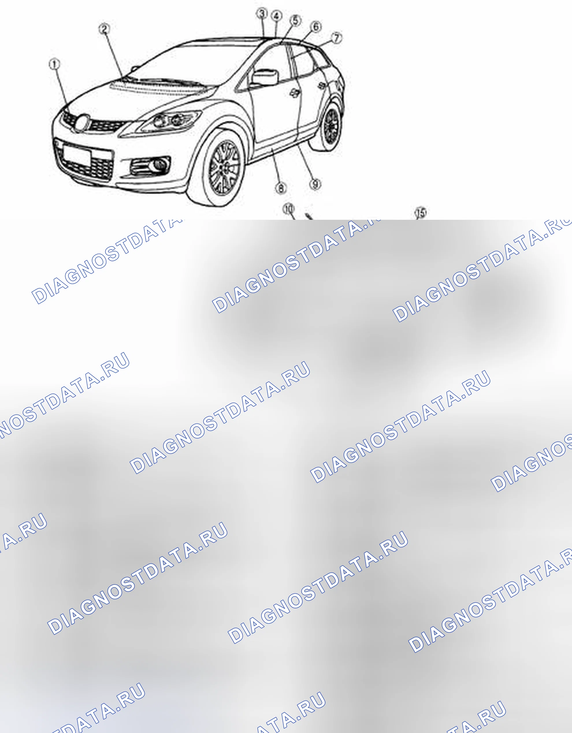 Рис. 1: ИНДЕКС РАСПОЛОЖЕНИЯ ВНЕШНЕЙ ОТДЕЛКИ. Mazda CX-7 I