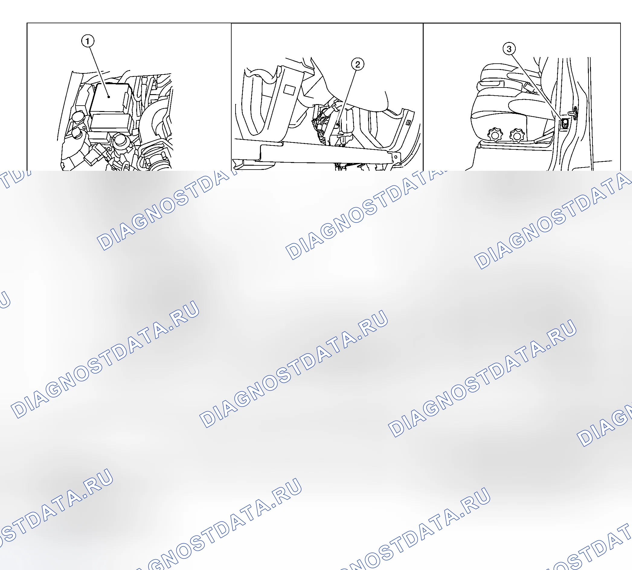 Рис. 46: Расположение компонентов и разъемов кабелей. Honda Odyssey I