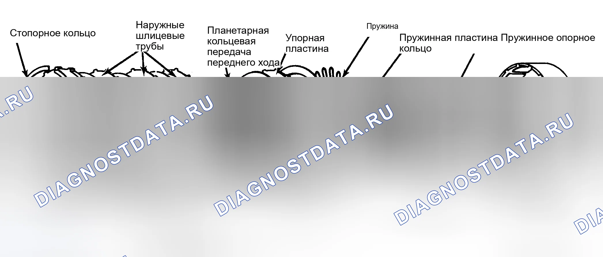 Рис. 24: Разнесенный вид переднего узла сцепления (модели с Е-режимом). Volkswagen Jetta I