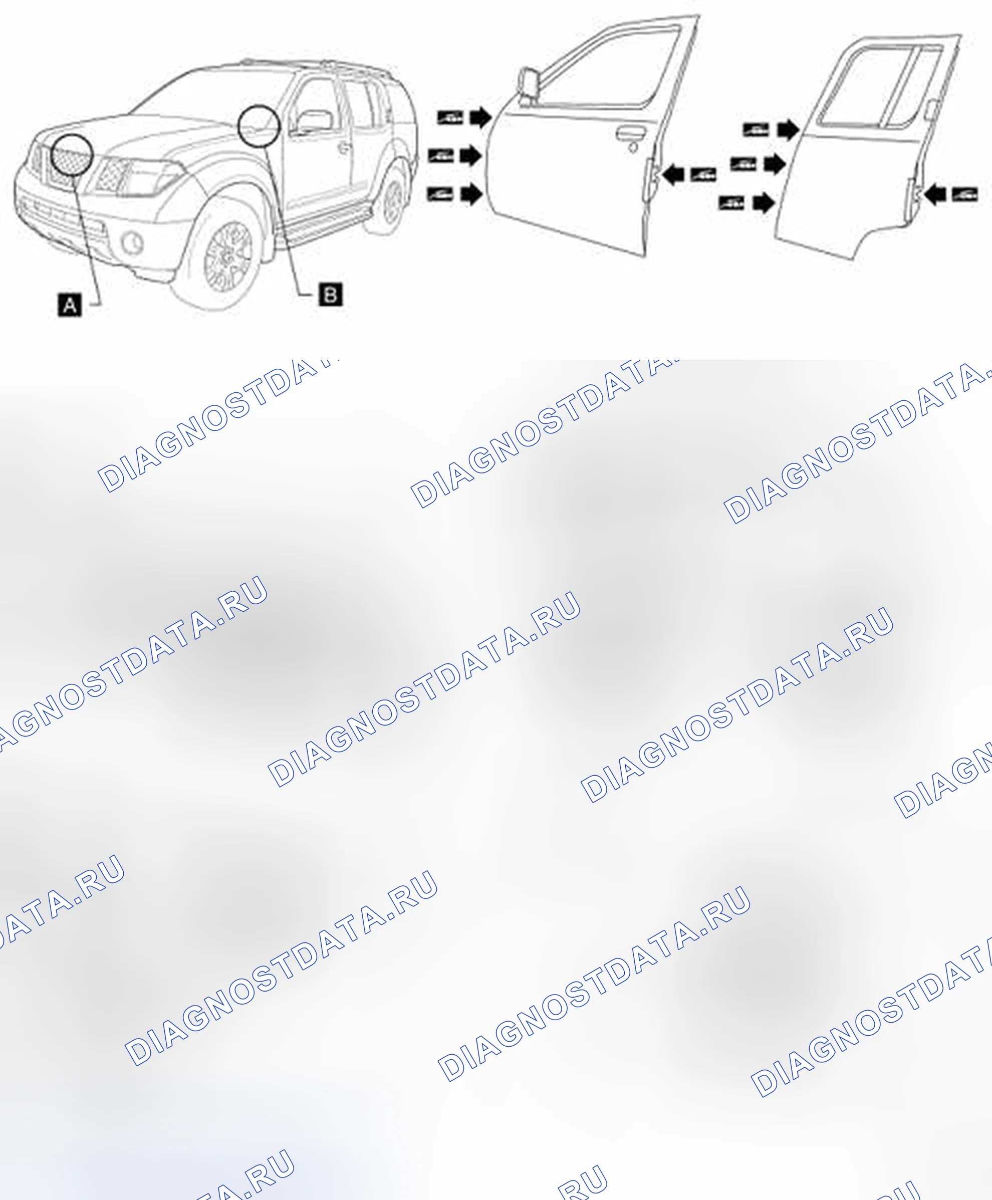 Рис. 56: Идентификация замков, петель и защелок капота. Nissan Pathfinder III
