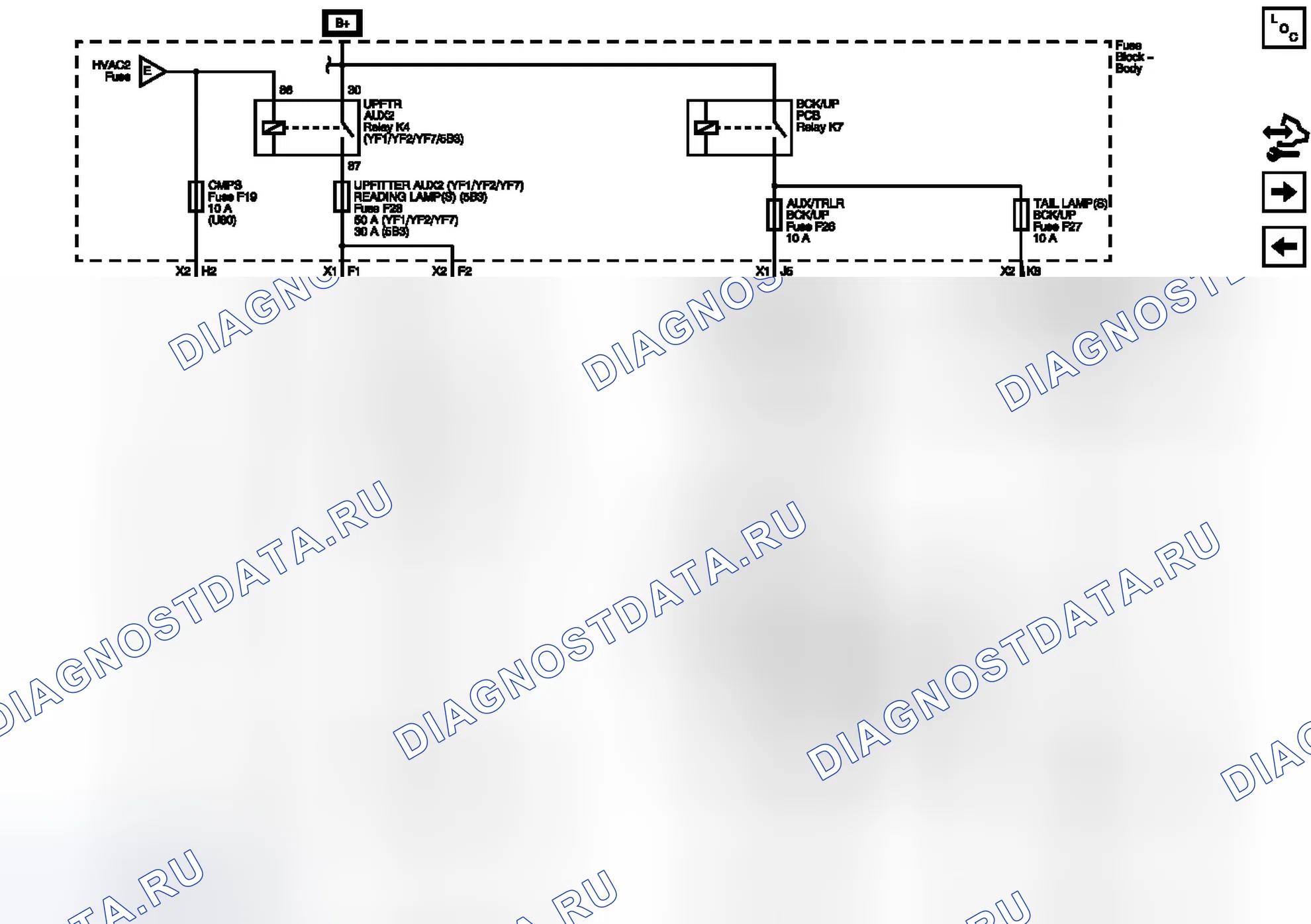 Рис. 165: Предохранители AUX / TRLR Bck / UP, CMPS, READING лампа (S), Задний фонарь (S) и UPFITTER AUX2. GMC RV Cutaway G3500 
