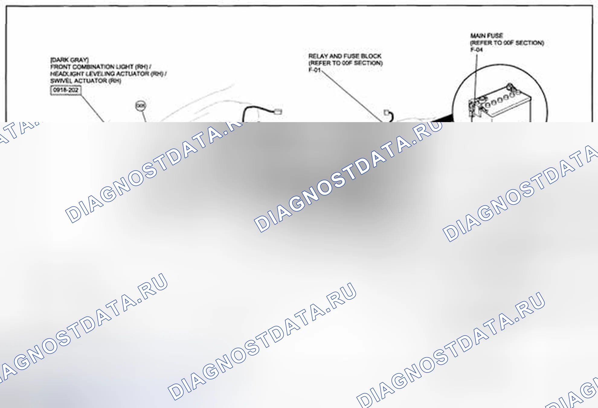 Рис. 174: Схема разводки жгута проводов фар (разрядного типа) (0918-2а) 2 из 2. Mazda CX-5 I