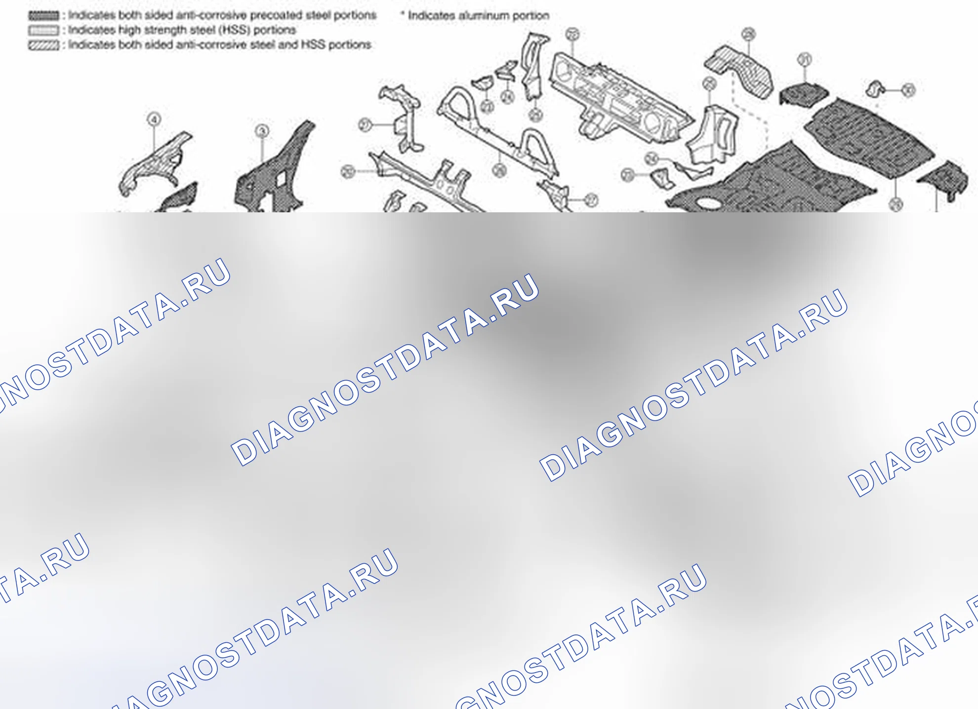 Рис. 213: Идентификация компонентов нижней части кузова для родстера (1 из 2). Nissan 350Z I рестайлинг