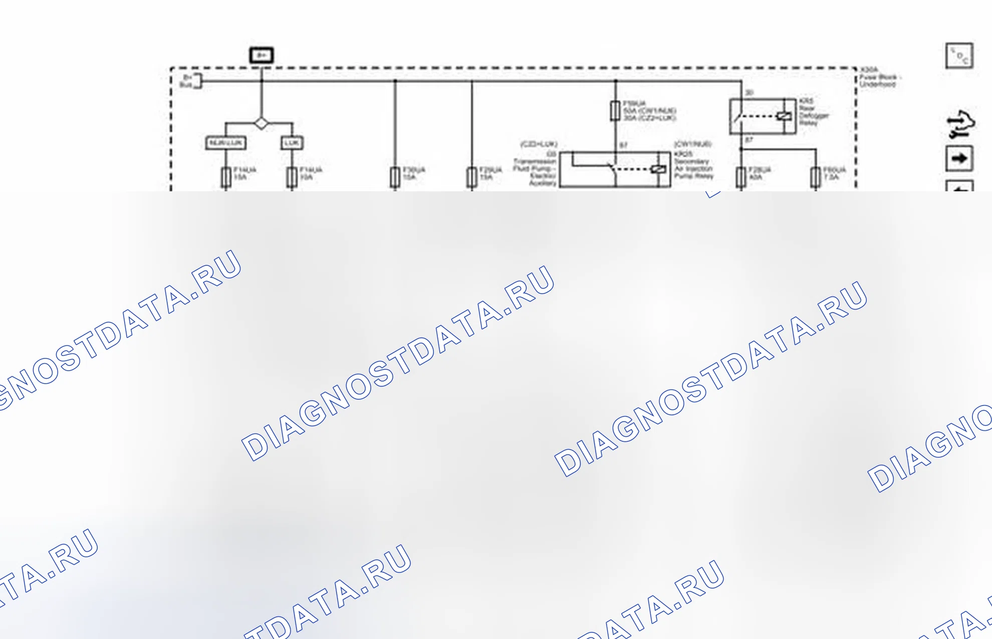 Рис. 32: Предохранители F14UA, F28UA, F29UA, F30UA, F59UA и F60UA. Buick LaCrosse II рестайлинг