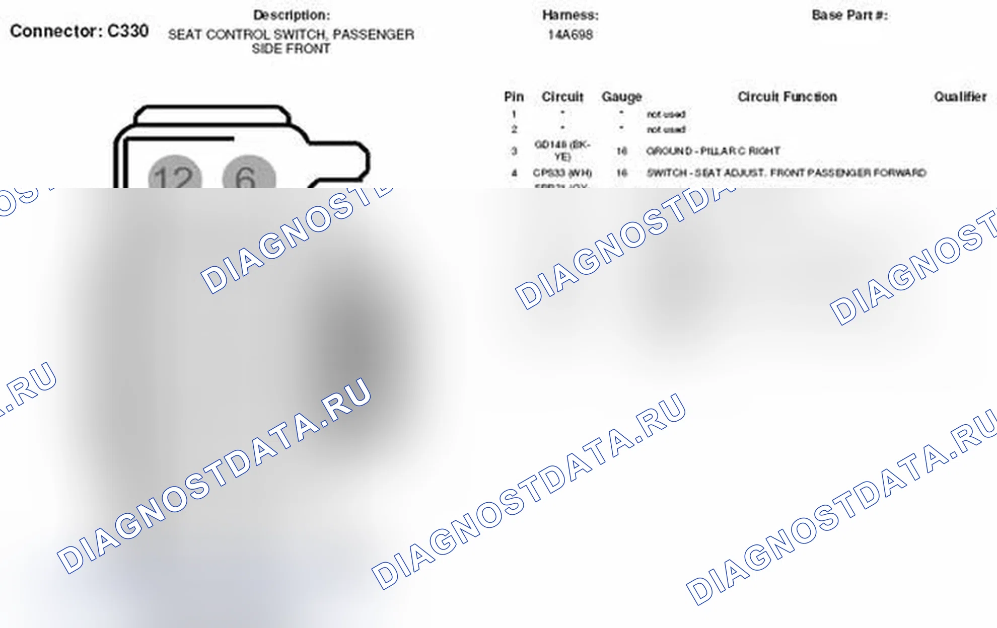 Рис. 99: Вид с торца разъема переключателя управления переднего сиденья со стороны пассажира (C330). Ford Taurus X I