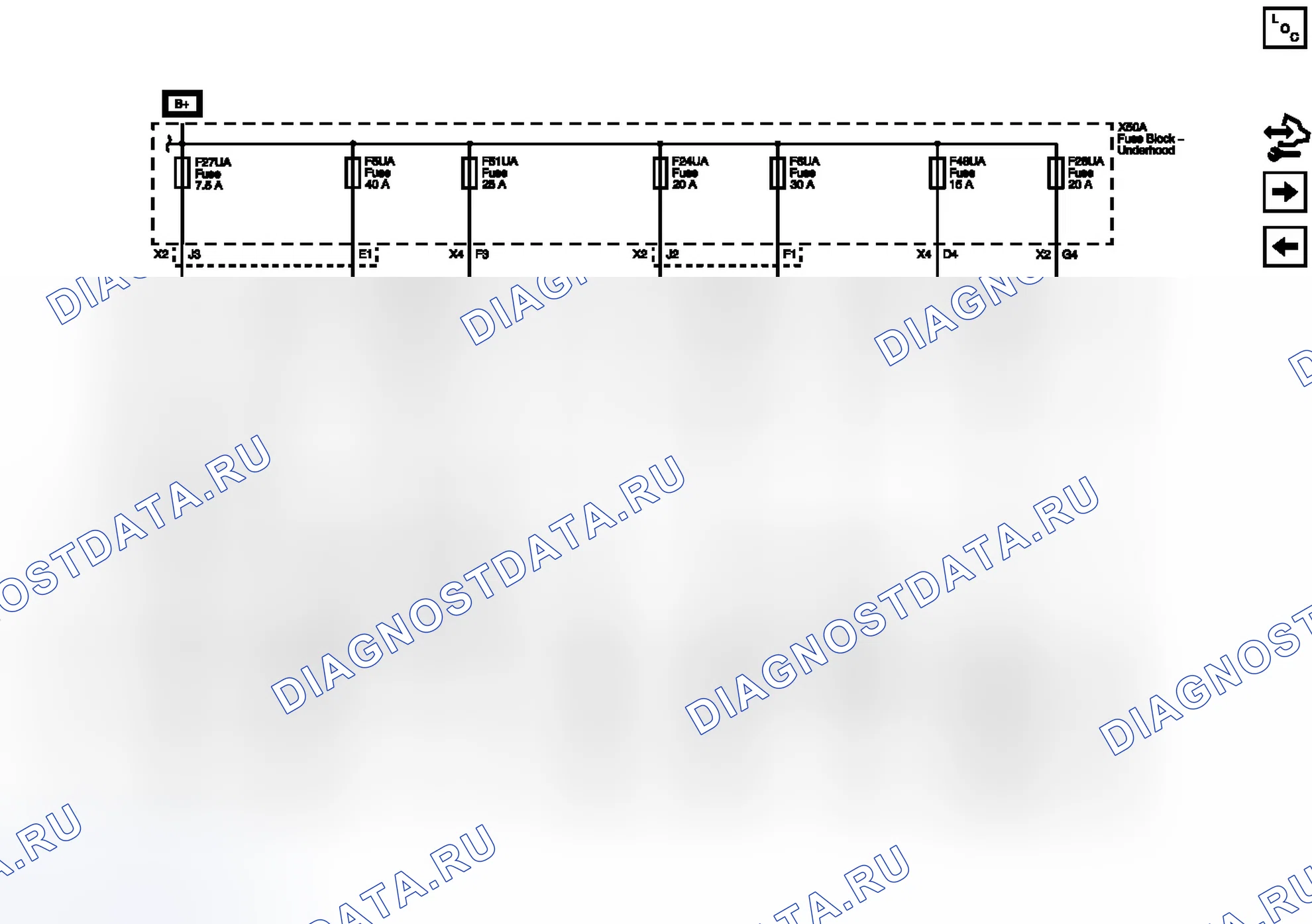 Рис. 22: Предохранители F5UA, F6UA, F24UA, F26UA, F27UA, F48UA и F51UA. Chevrolet Equinox II