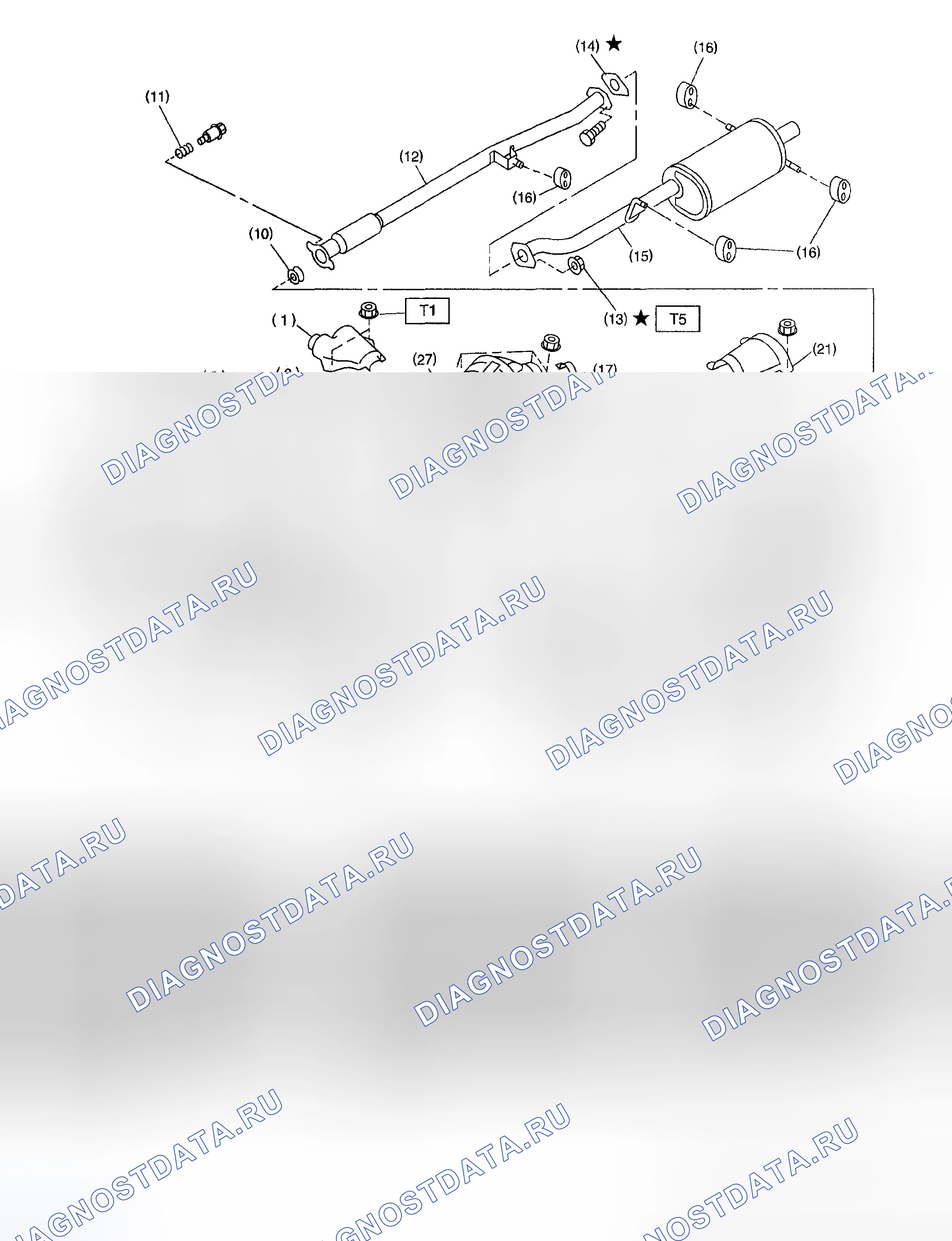 Рис. 2: Идентификация компонентов выхлопной системы (модель 2500 см3). Subaru Impreza GD/GC/GG