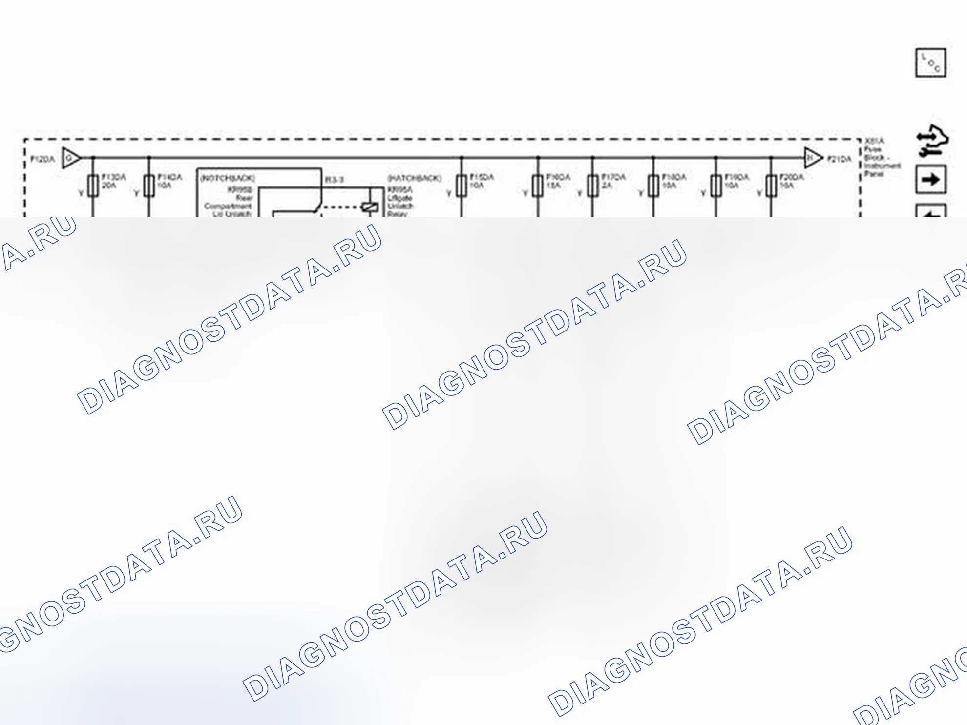 Рис. 67: F13DA, F14DA, F15DA, F16DA, F17DA, F18DA, F19DA и F20DA Предохранители. Chevrolet Sonic I