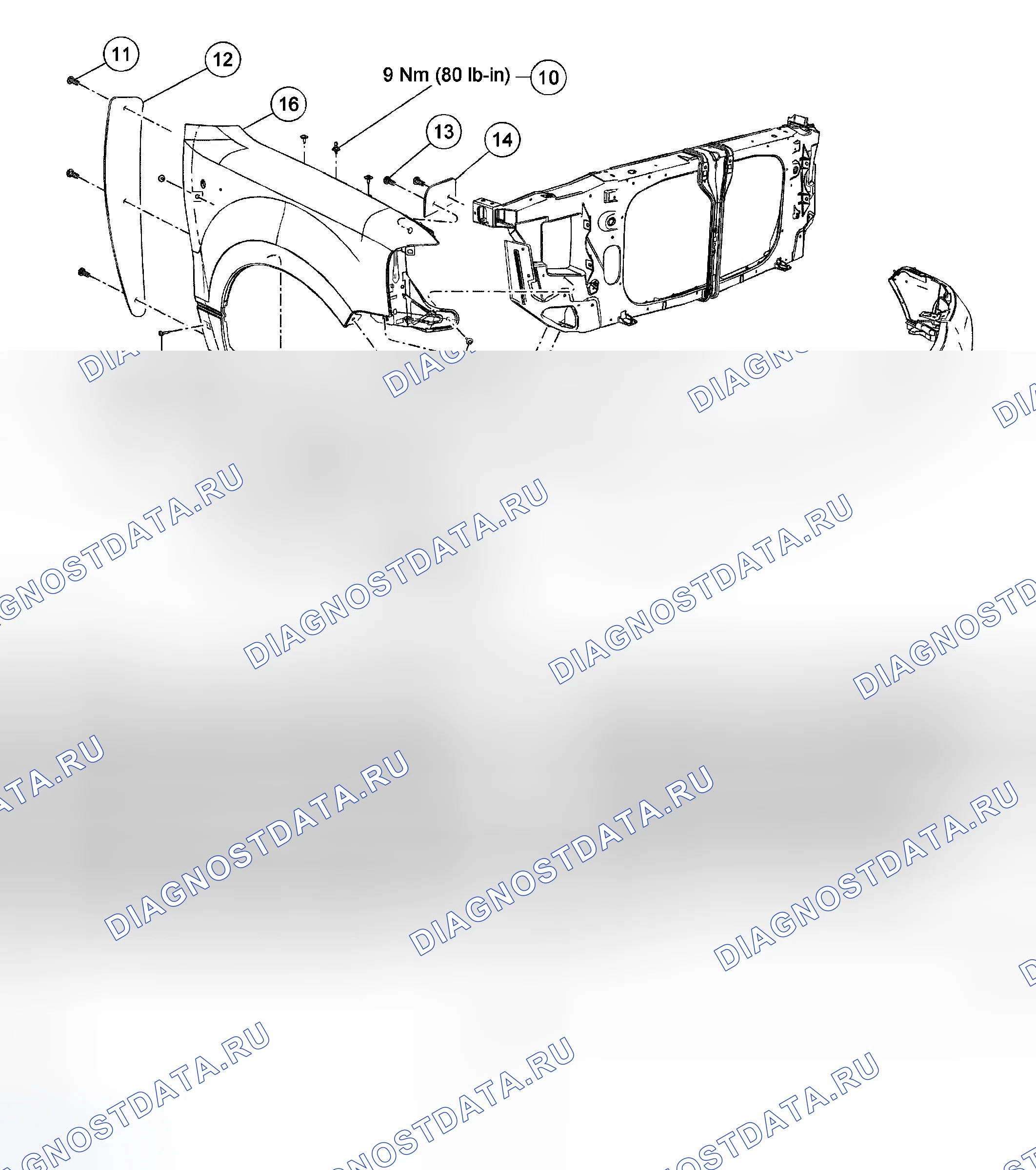 Рис. 62: Передние торцевые панели кузова - разнесенный вид. Ford Pickup F350 Super Duty 