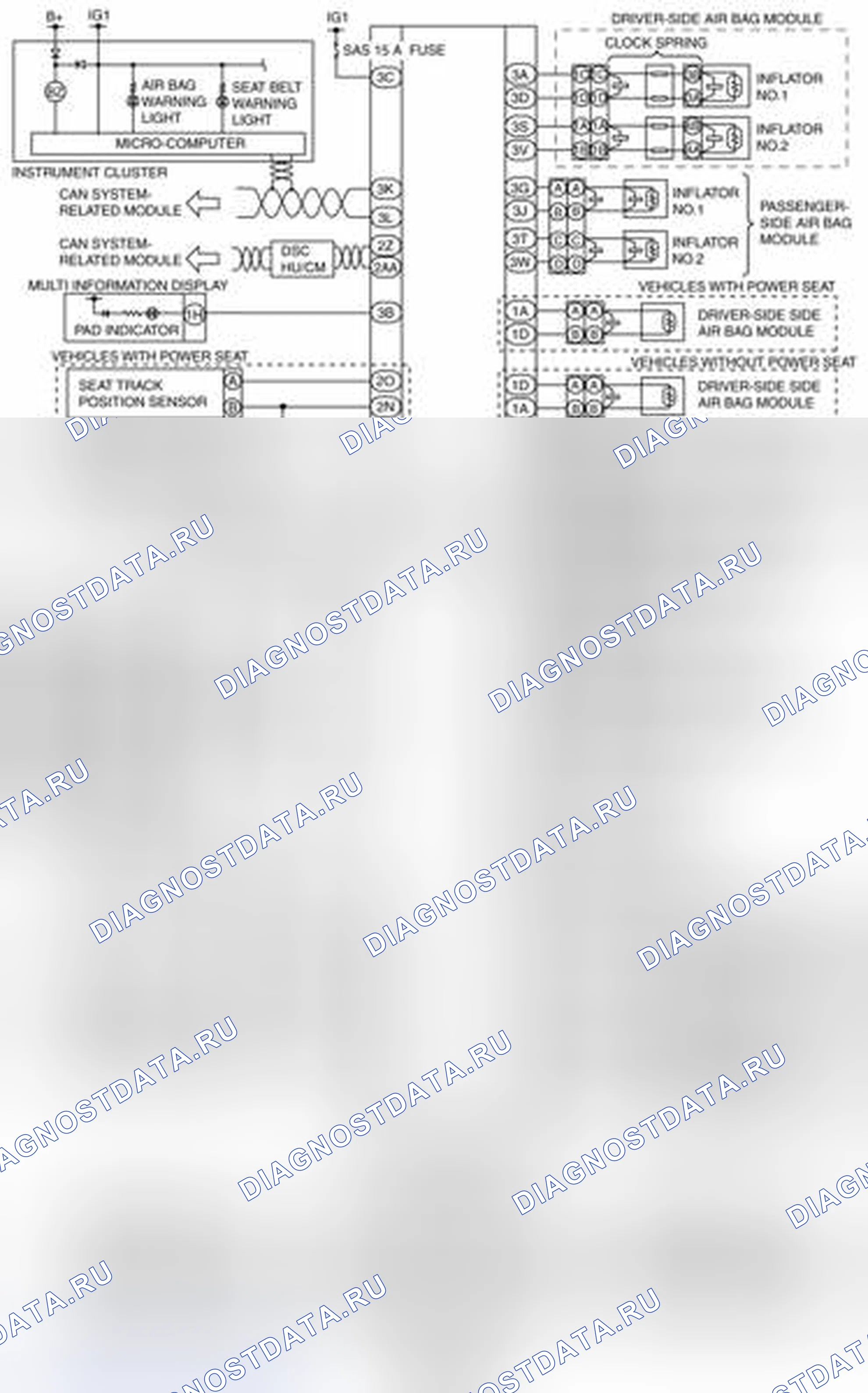 Рис. 188: Схема подключения бортовой диагностики (двухступенчатая система управления развертыванием) - автомобили с DSC. Mazda 3 BL рестайлинг