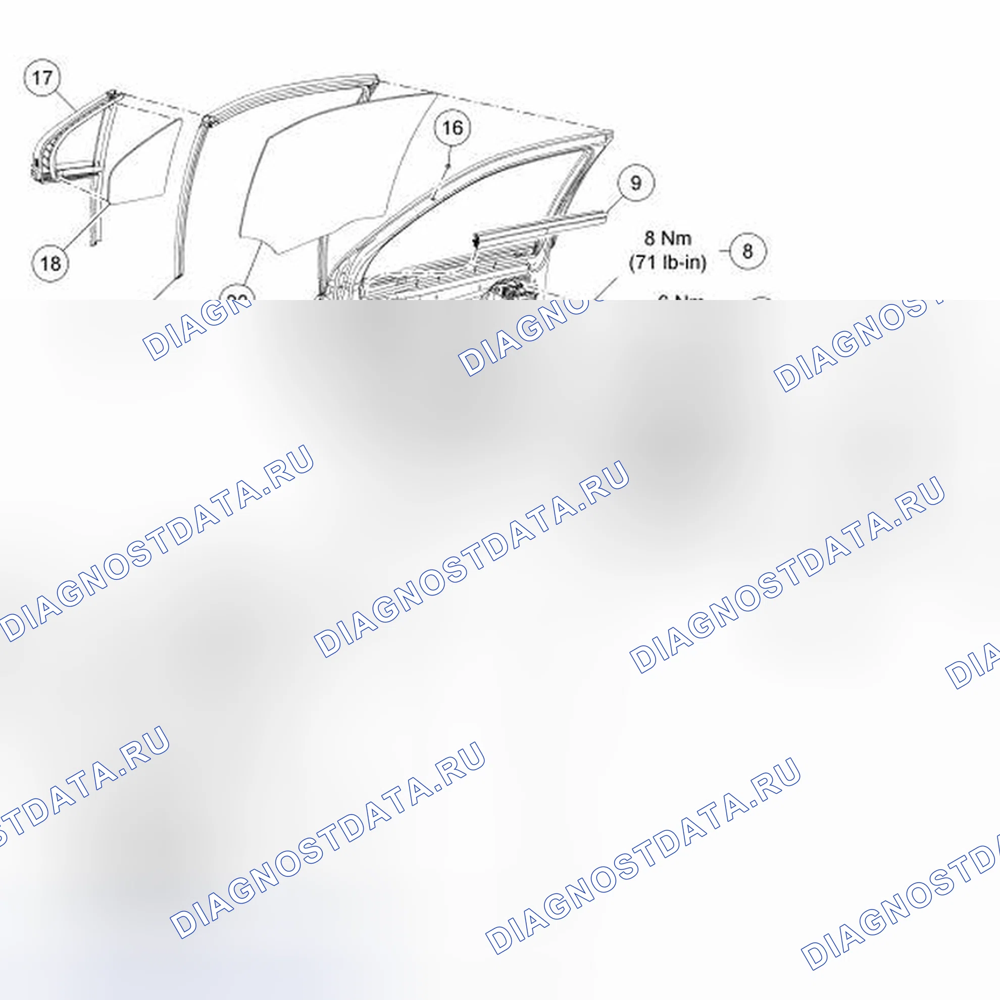 Рис. 48: Стекло, рамы и механизмы - разнесенный вид, задняя дверь. Hyundai Lantra II рестайлинг