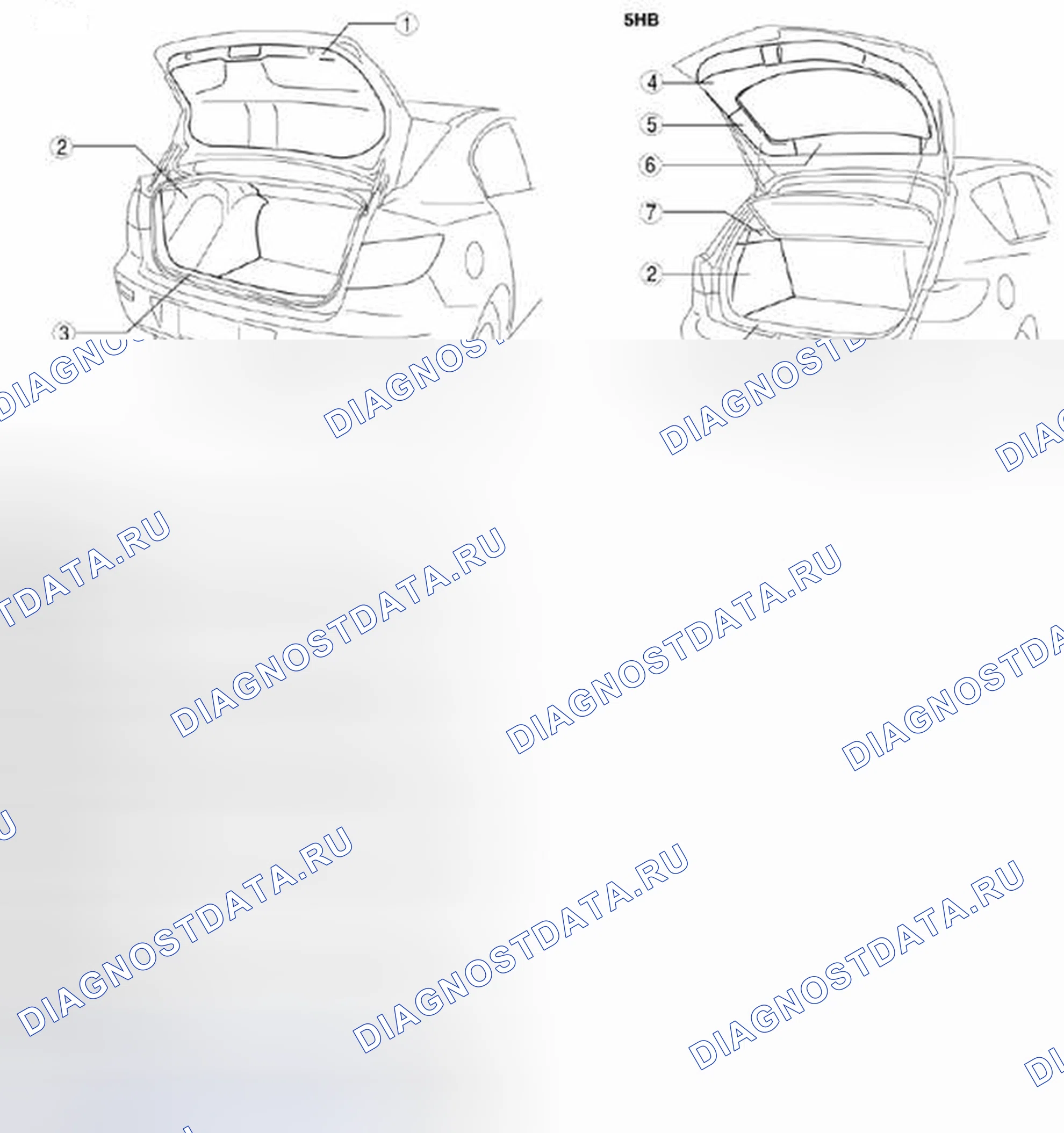 Рис. 58: Расположение компонентов облицовки борта дверь багажника (4SD / 5HB). Mazda 3 BL рестайлинг