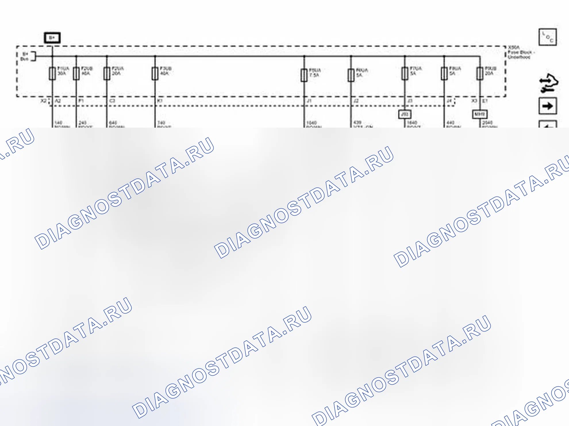 Рис. 54: Предохранители F1UA, F2UA, F2UB, F3UB, F5UA, F6UA, F7UA, F8UA F9UB и F32DA (Lwe). Chevrolet Sonic I