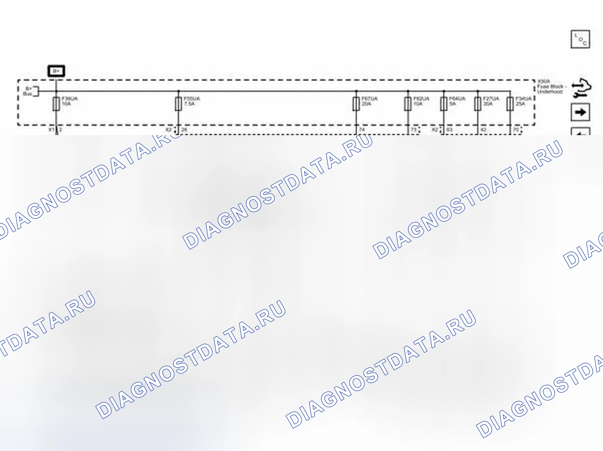 Рис. 30: F27UA, F34UA, F36UA, F55UA, F62UA, F64UA и плавкие предохранители F67UA. Buick LaCrosse II рестайлинг