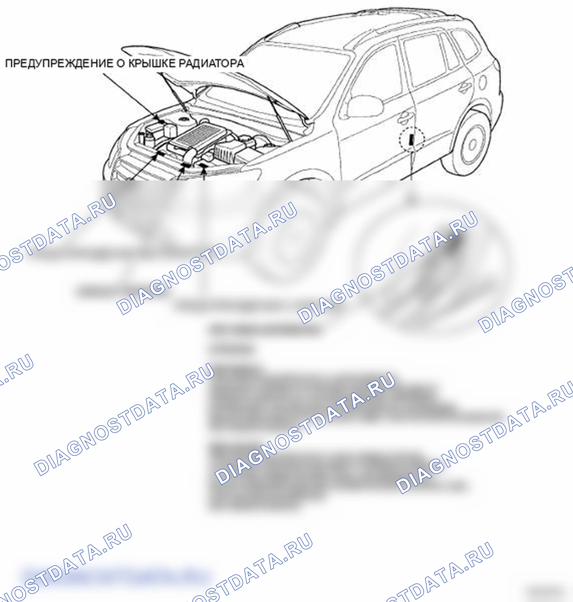 Рис. 15: РАСПОЛОЖЕНИЕ ПРЕДУПРЕДИТЕЛЬНЫХ/ПРЕДУПРЕЖДАЮЩИХ НАДПИСЕЙ. Hyundai Santa Fe II