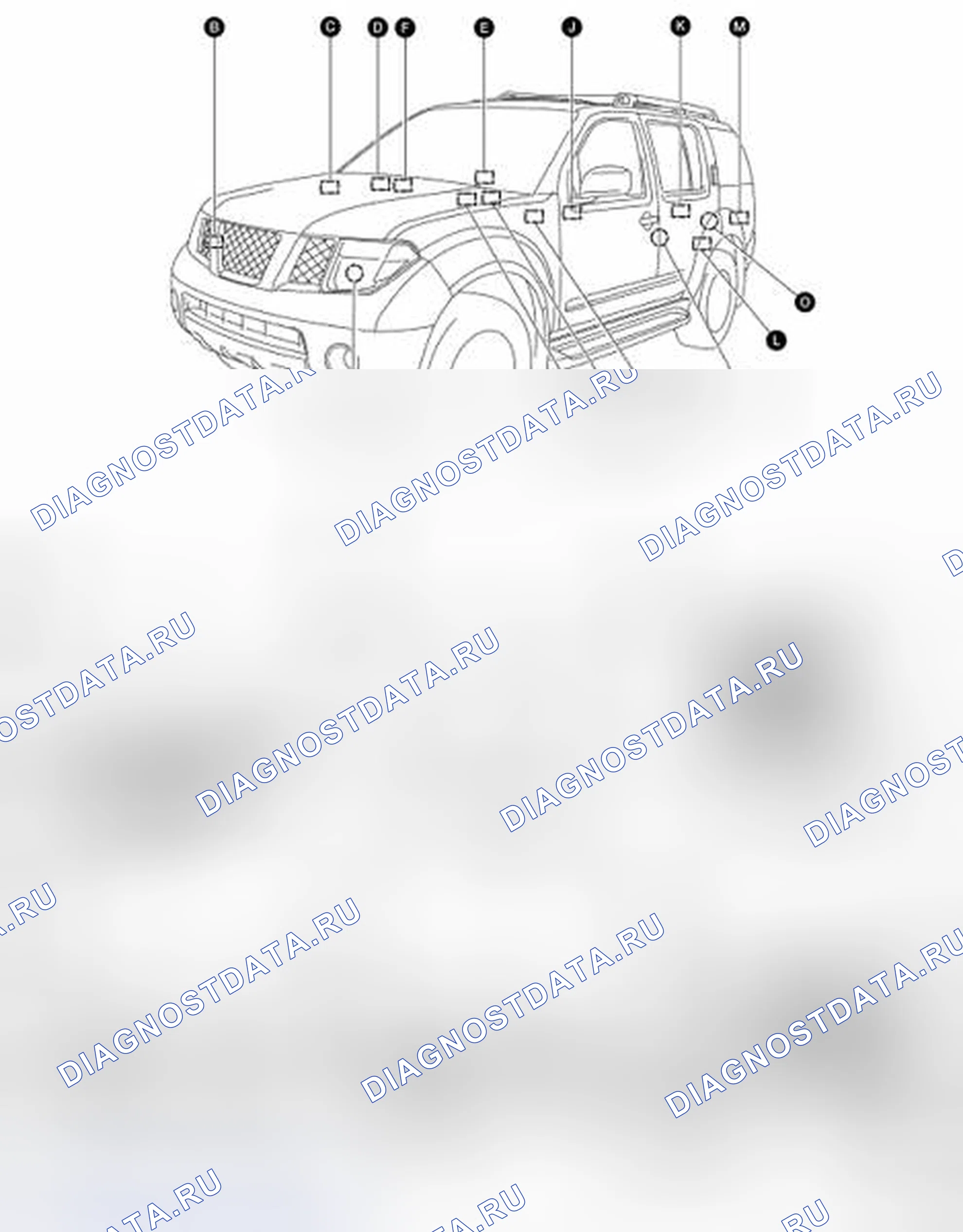 Рис. 6: ПЕРЕКЛЮЧАТЕЛЬ ЗАПРОСА ДВЕРИ: расположение компонентов. Nissan Pathfinder III рестайлинг