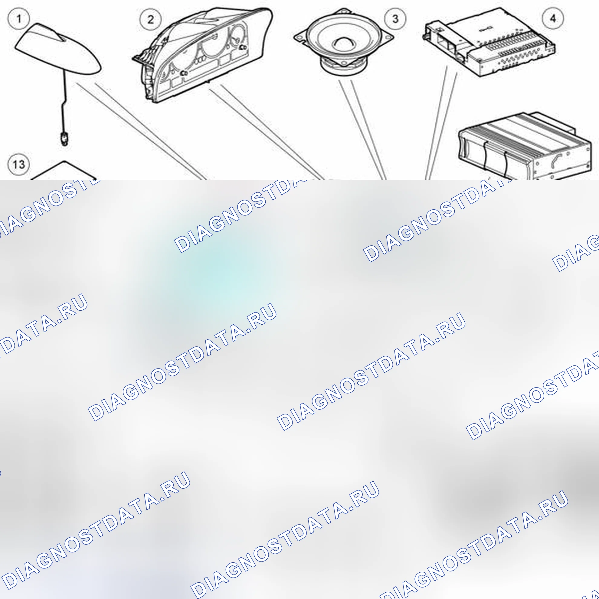 Рис. 1: РАСПОЛОЖЕНИЕ КОМПОНЕНТОВ АУДИОСИСТЕМЫ. Land Rover Range Rover L322