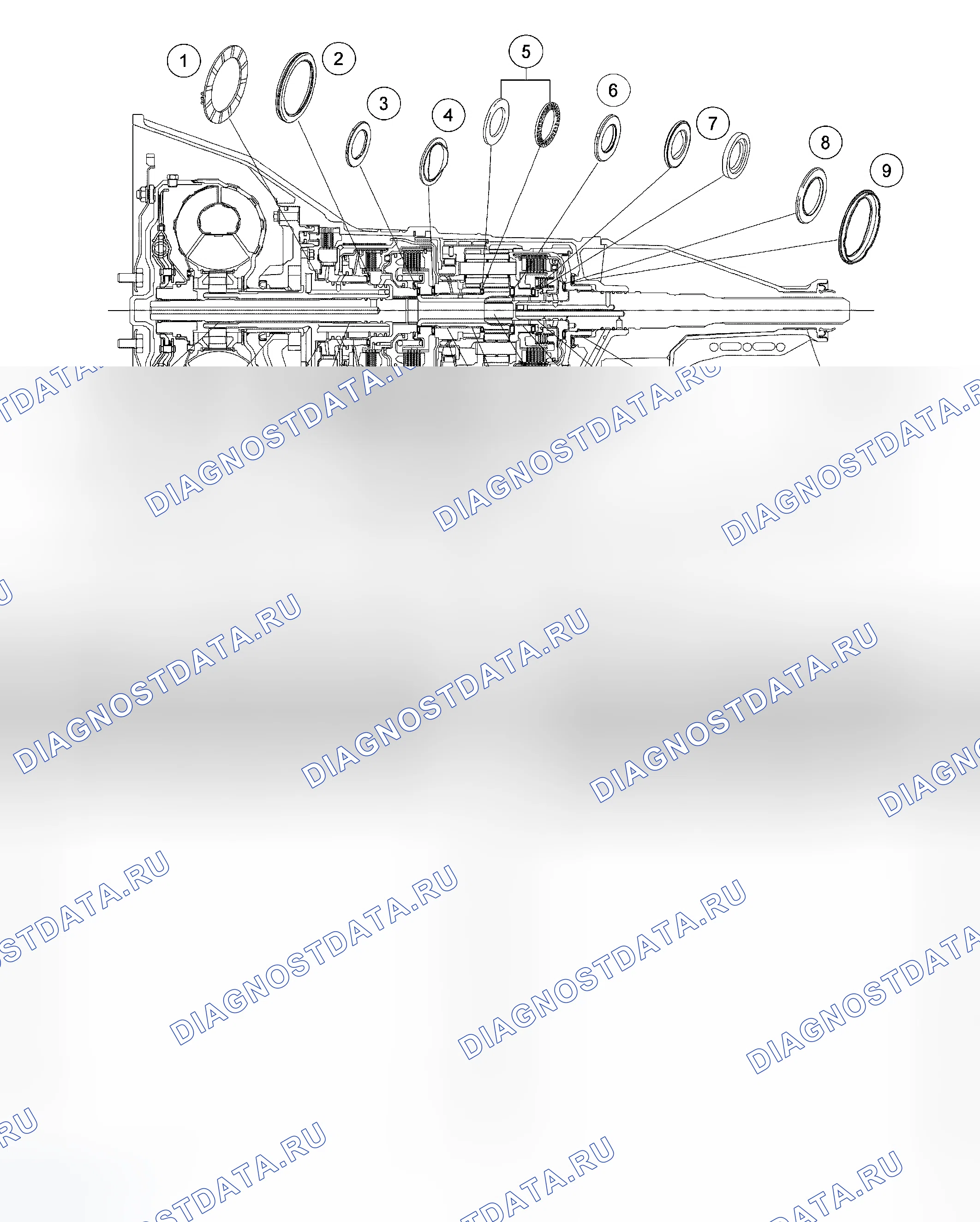 Рис. 489: Втулки, подшипник и фиксатор упорной шайбы. Ford Pickup F350 Super Duty 