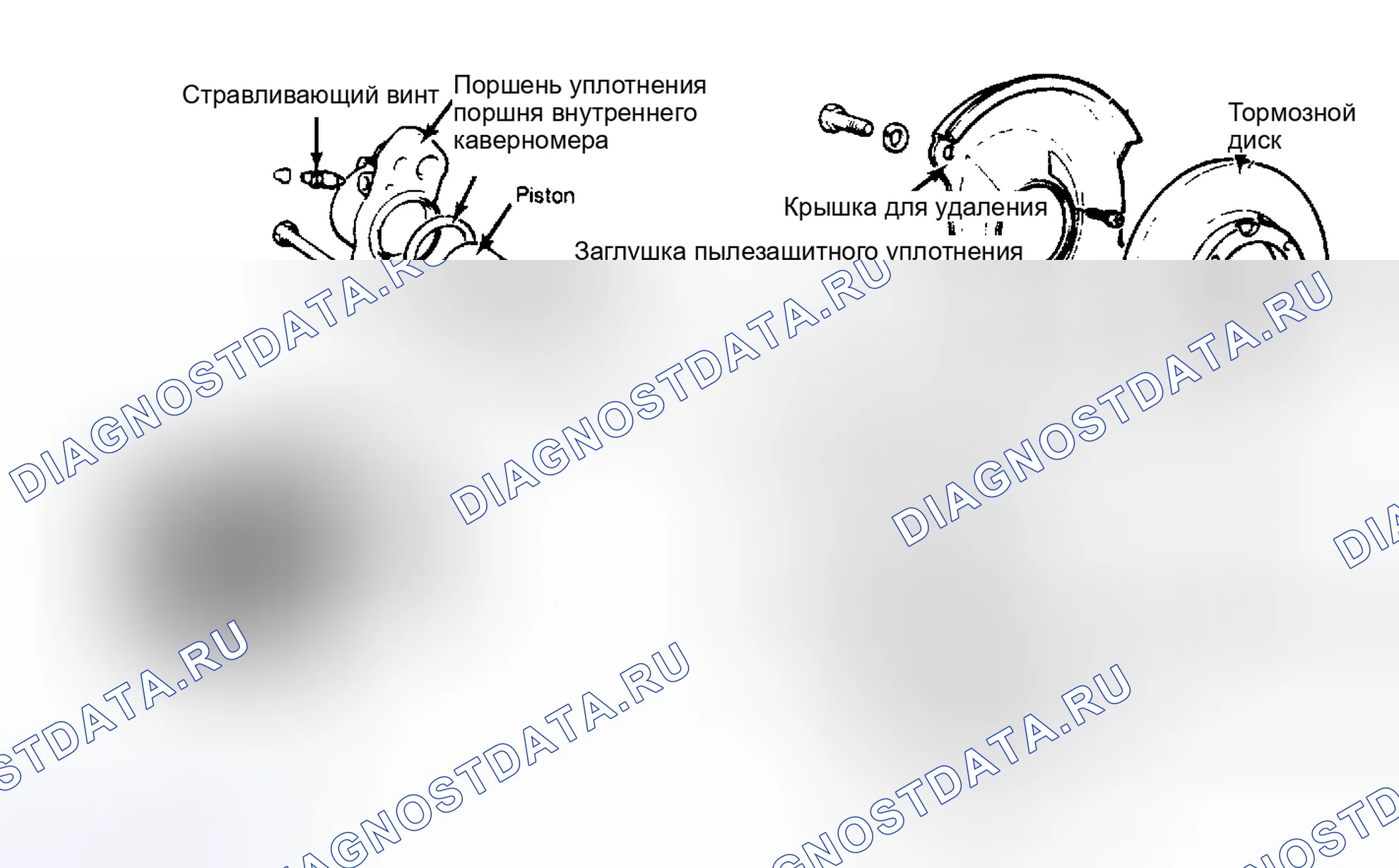Рис. 7: Разнесенный вид суппорта переднего дискового тормоза. Hyundai Excel I