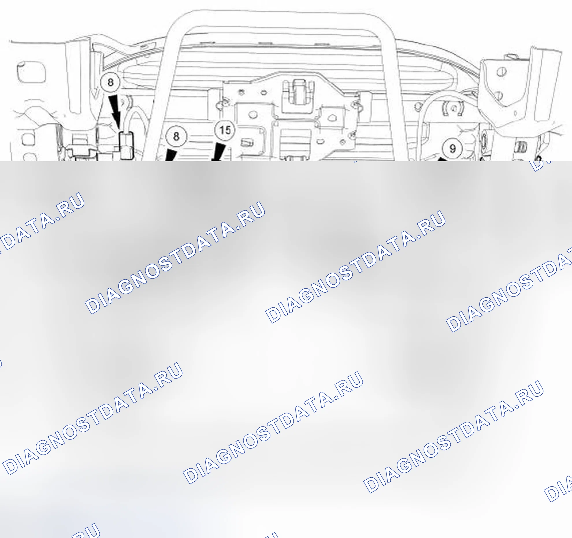 Рис. 226: Вид расположения фиксатора и соединителя, подушечная рама снизу. Ford Flex I