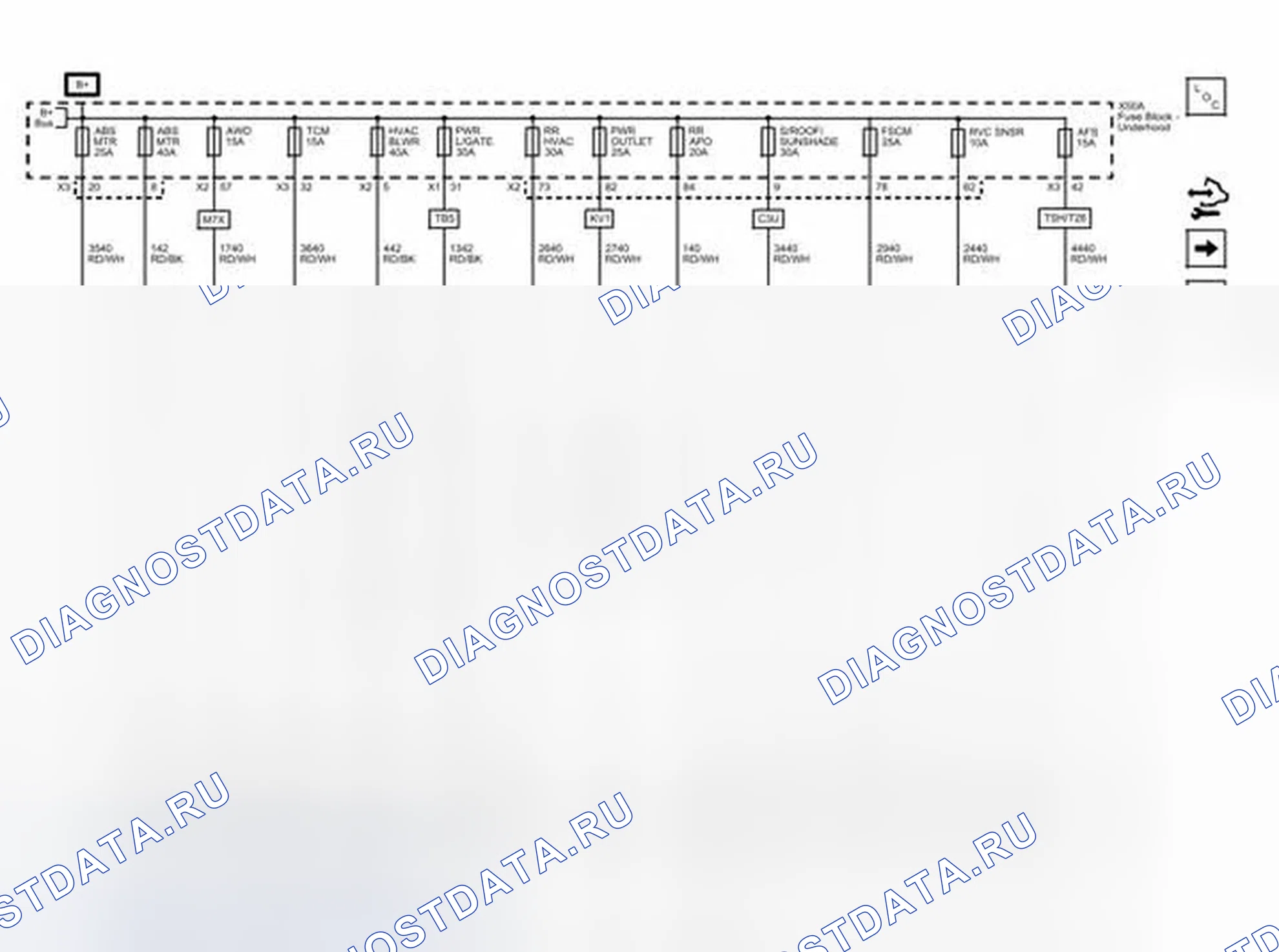 Рис. 77: ABS MTR, AFS, AWD, FSCM, Кондиционирование BLWR, Pwr L / GATE, ВЫХОД Pwr, Rvc SNSR, Rr APO, Rr Кондиционирование, S / люк крыши / SUNSHA. GMC Acadia I рестайлинг