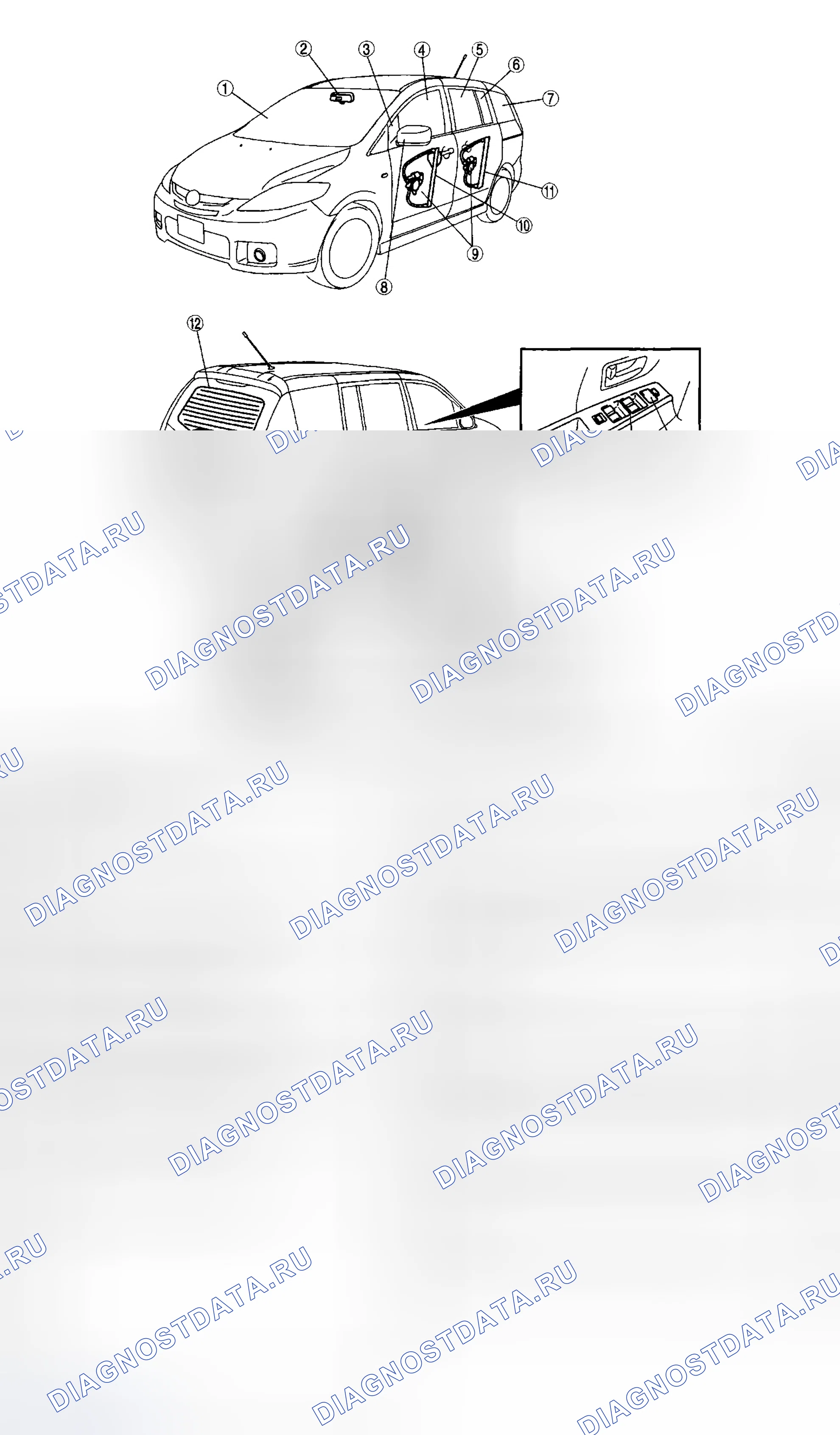 Рис. 1: ИНДЕКС РАСПОЛОЖЕНИЯ СТЕКЛА / ОКОН / ЗЕРКАЛ. Mazda 5 I
