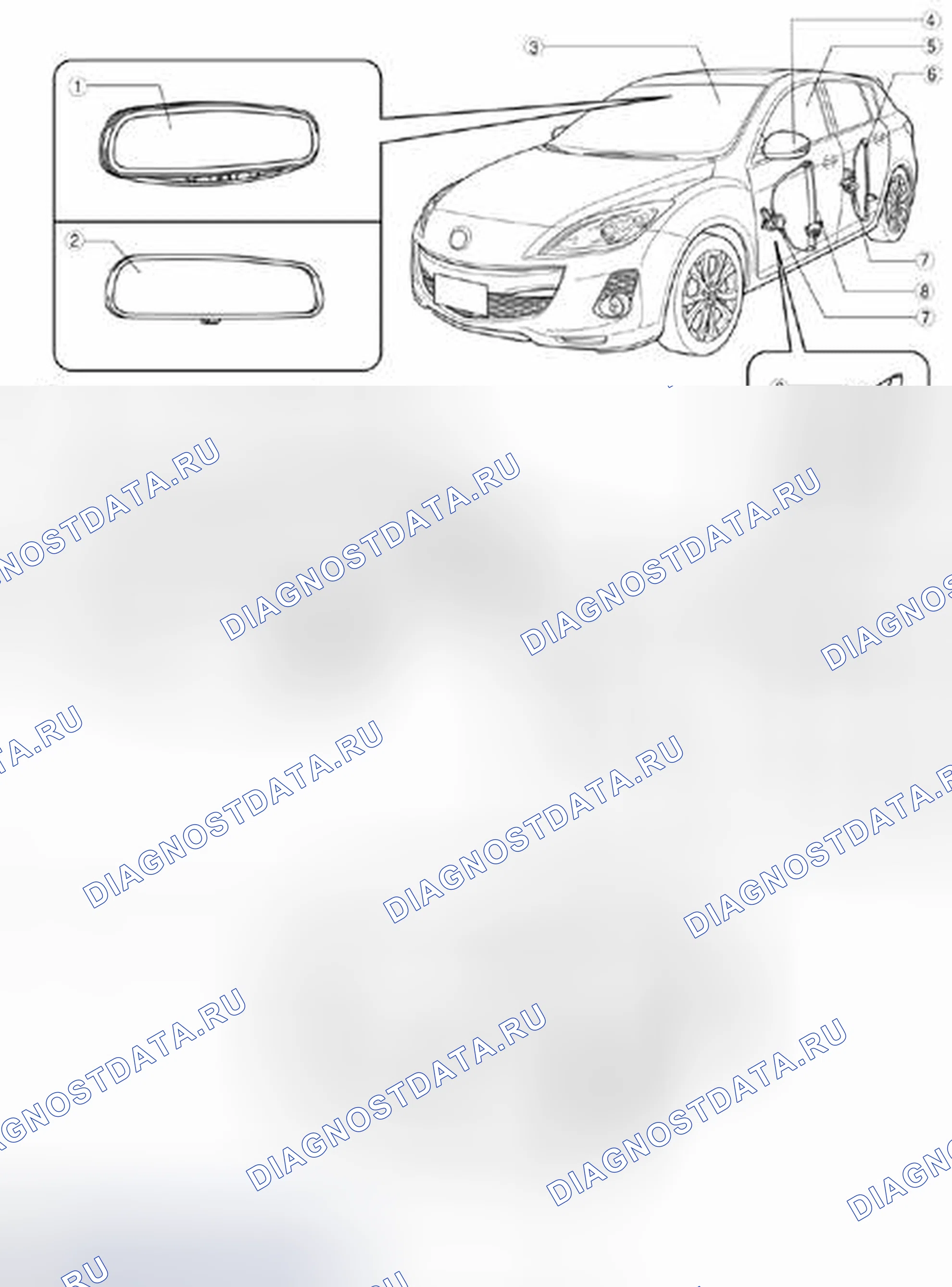 Рис. 1: Идентификация компонентов стекла / окон / зеркал (1 из 2). Mazda 3 BL рестайлинг
