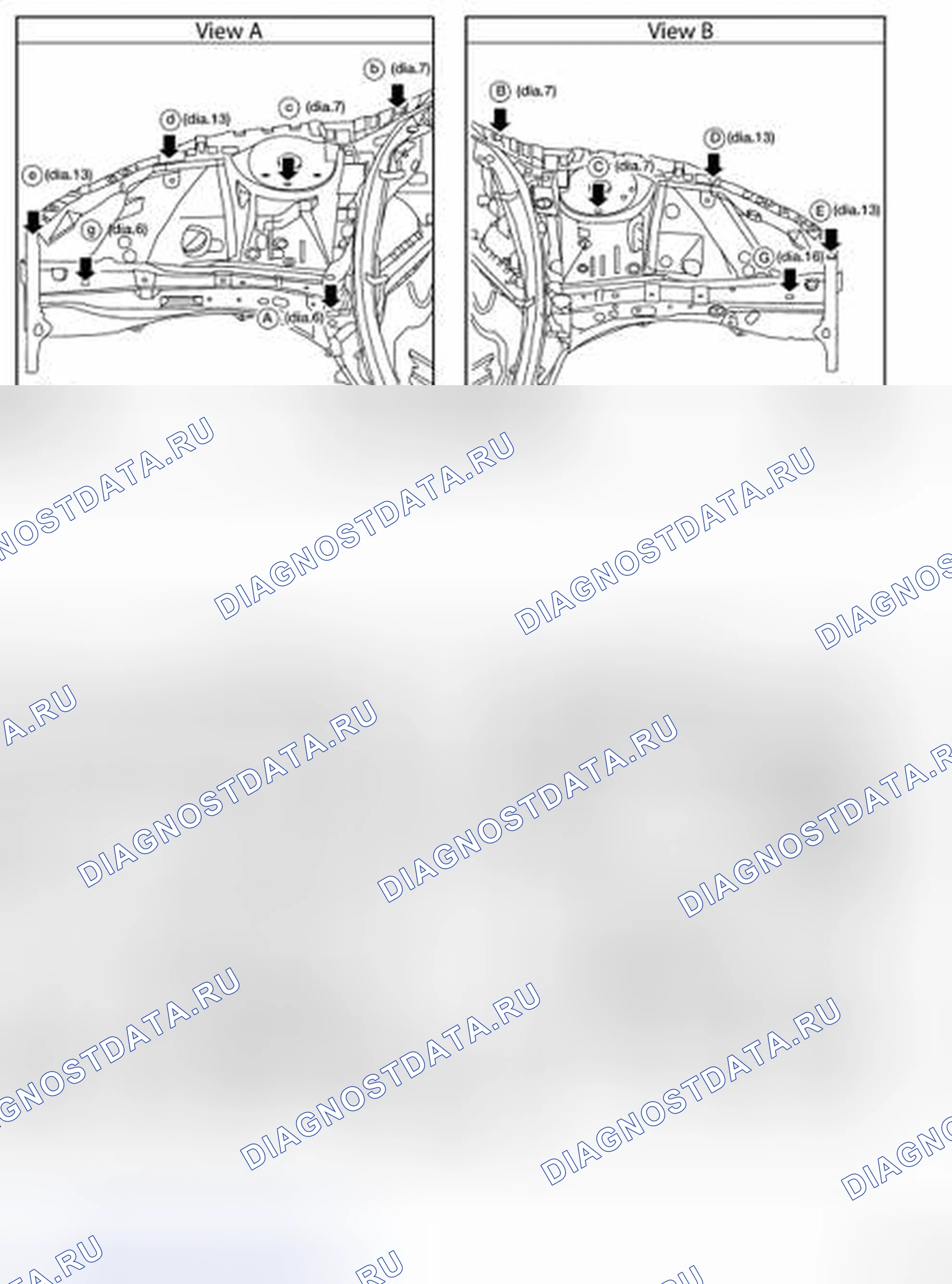 Рис. 33: Определение точек измерения моторного отсека. Nissan Altima L32