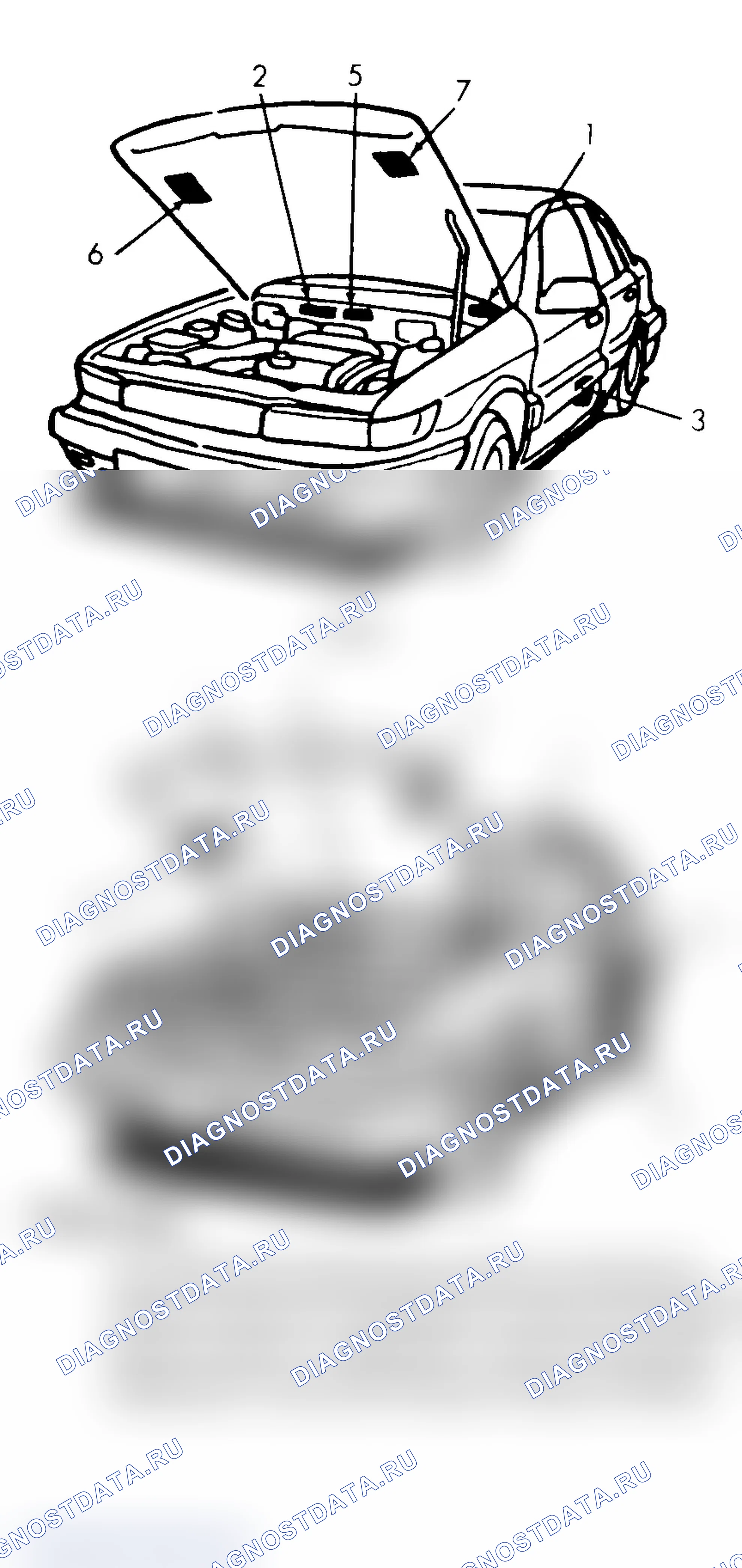 Рис. 7: РАСПОЛОЖЕНИЕ ИНФОРМАЦИОННЫХ МЕТОК. Mitsubishi Mirage II