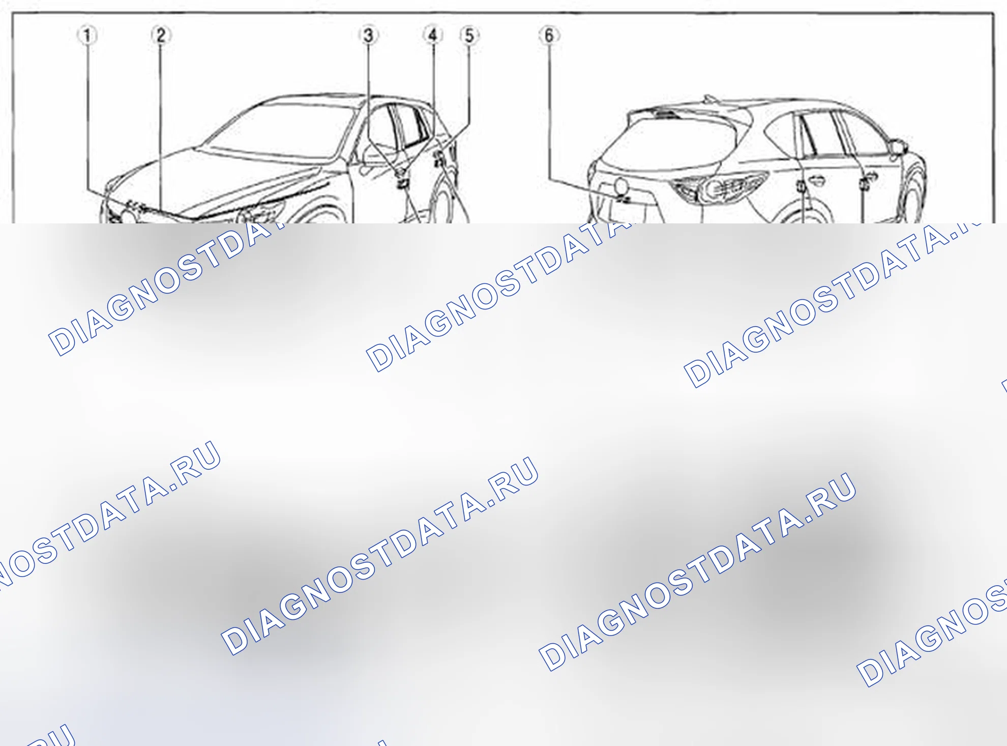 Рис. 34: Расположение компонентов системы безопасности и замков (1 из 2). Mazda CX-5 I