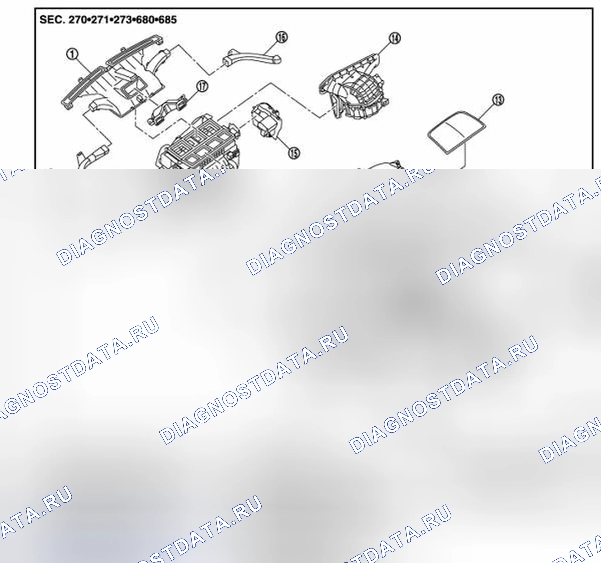 Рис. 302: ВЕРХНИЙ ВЕНТИЛЯЦИОННЫЙ КАНАЛ - разнесенный вид. Nissan Murano Z51 рестайлинг 2