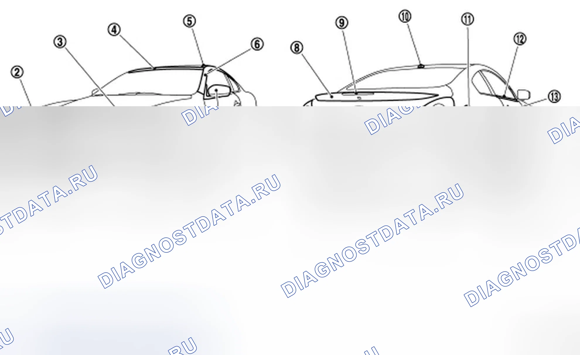 Рис. 344: Расположение пластмассовых деталей. Infiniti Q60 I