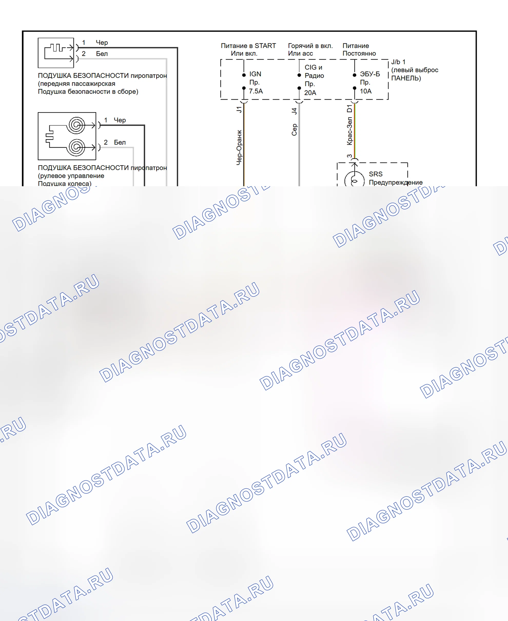 Рис. 1: Схема подключения SRS (Corolla с подушкой безопасности со стороны пассажира). Toyota Corolla VII