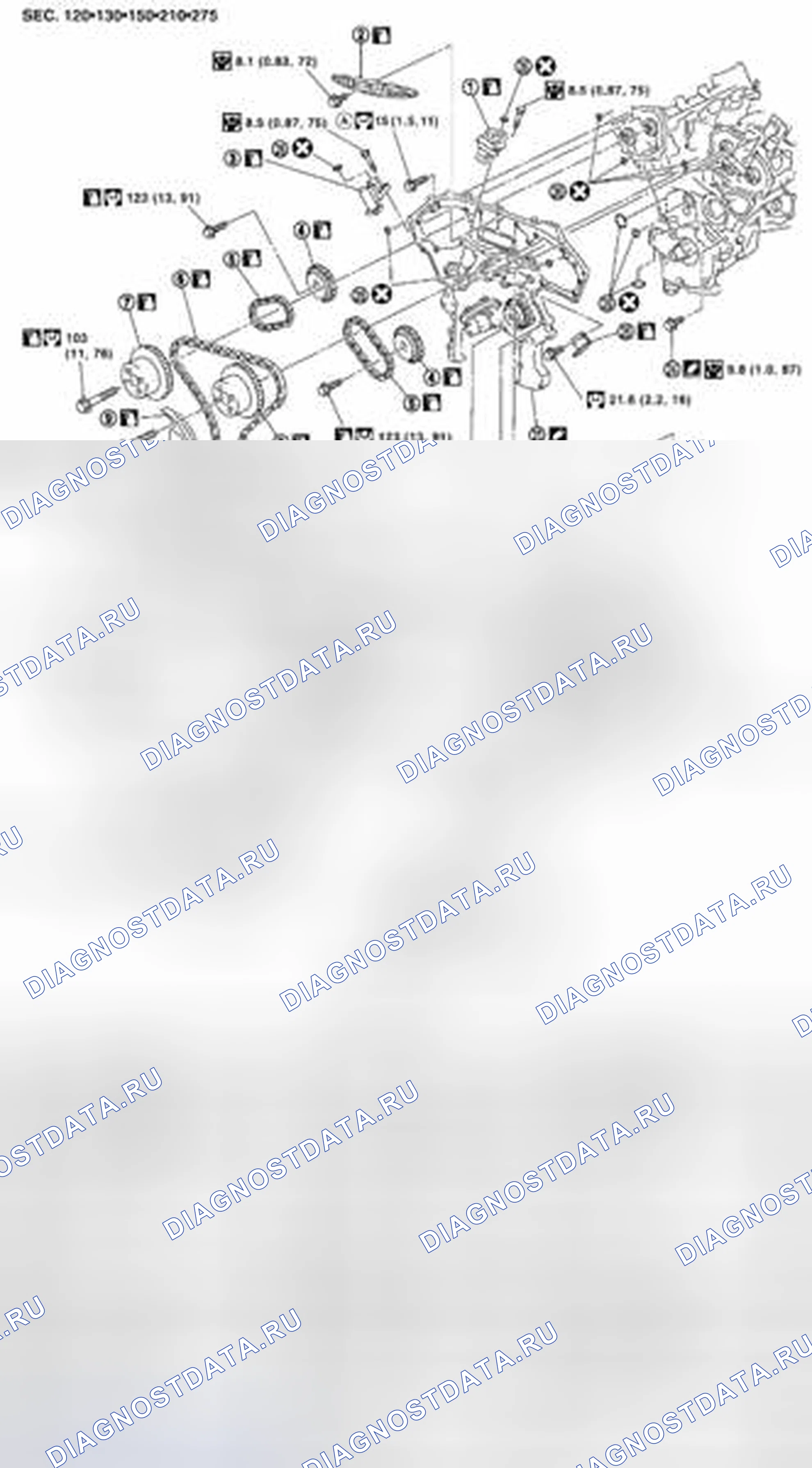 Рис. 300: Передний корпус цепи синхронизации: покомпонентный вид. Suzuki Equator I
