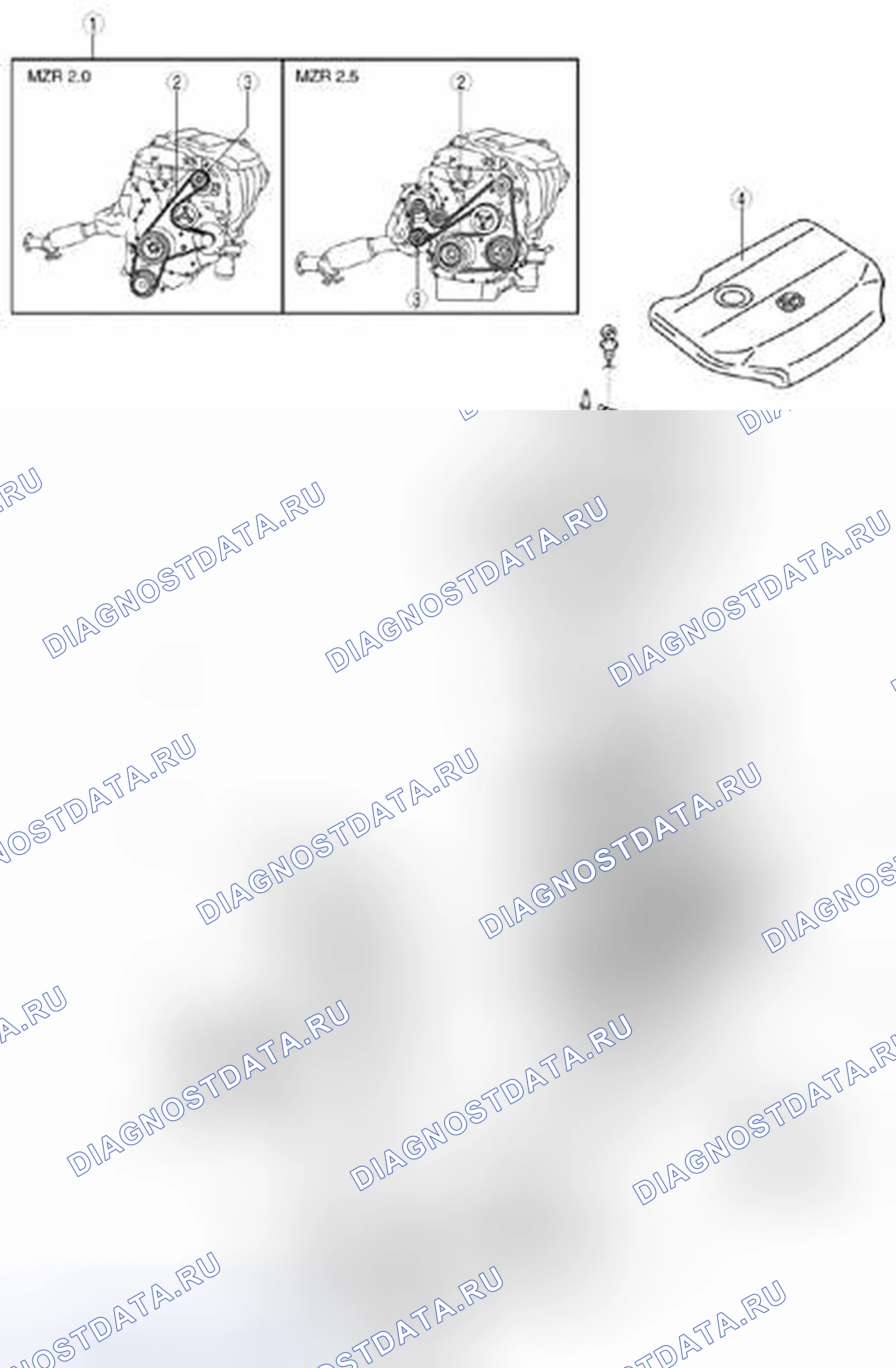 Рис. 1: Идентификация механических компонентов двигателя (Mzr 2.0, M3r 2.5). Mazda 3 BL рестайлинг