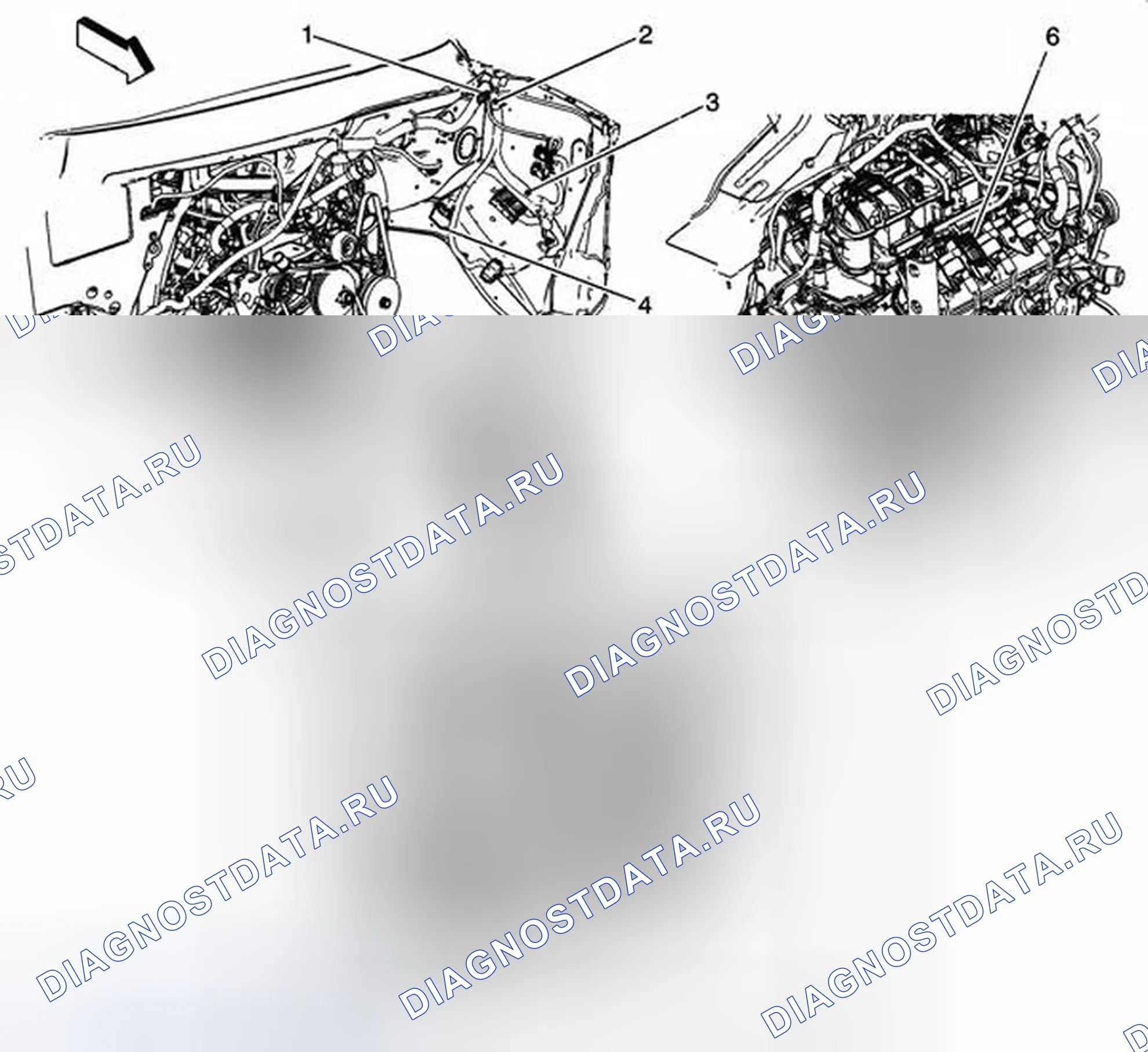 Рис. 125: Схема прокладки кабелей двигателя - спереди (LC8, L20 или L96). GMC RV Cutaway G3500 