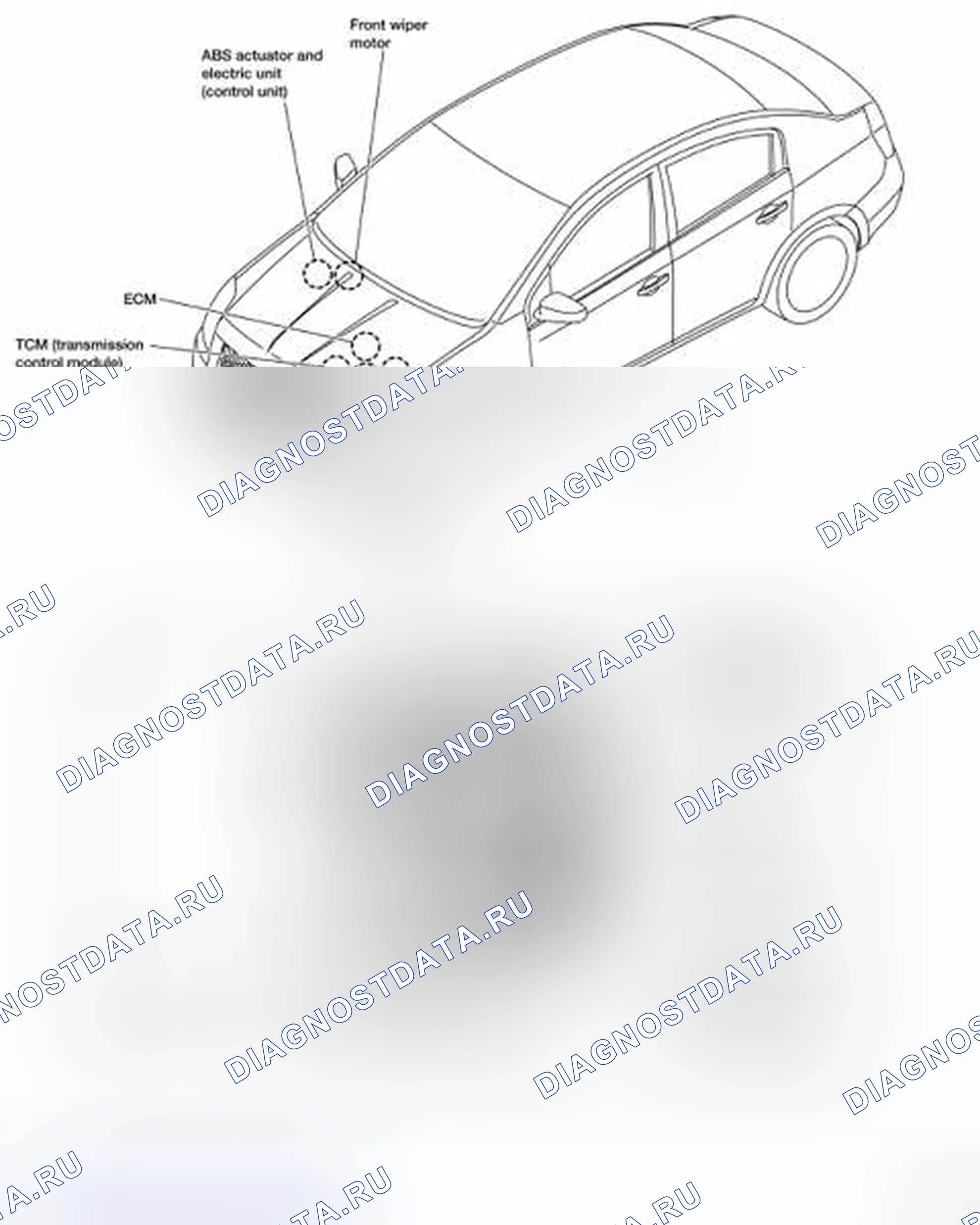Рис. 40: Идентификация местоположения электрических узлов моторного отсека. Nissan Sentra B16