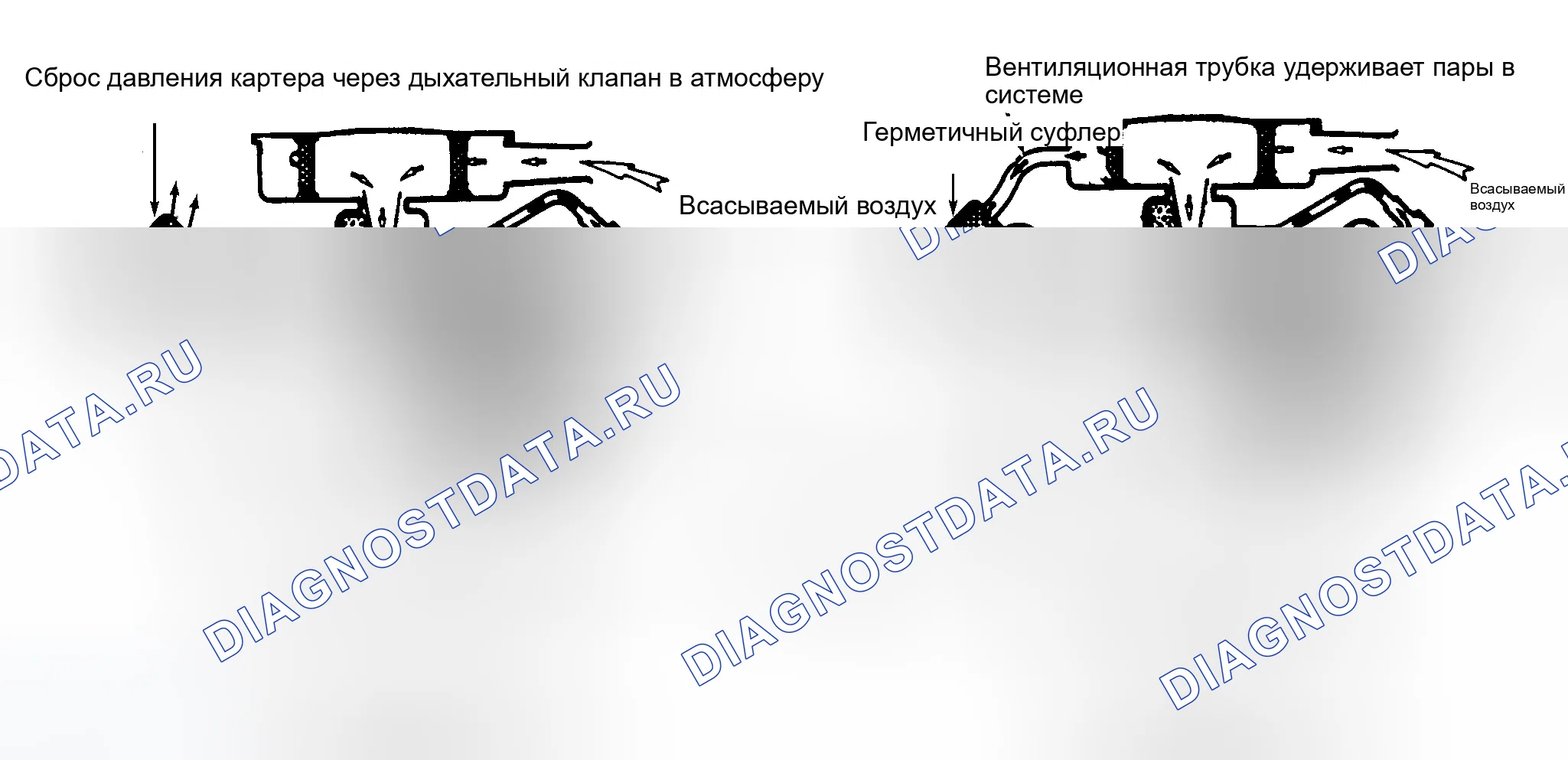 Рис. 2: Типовая система принудительная вентиляция картера (PCV) (принудительная вентиляция картера) открытого и закрытого типа. Chrysler LHS II