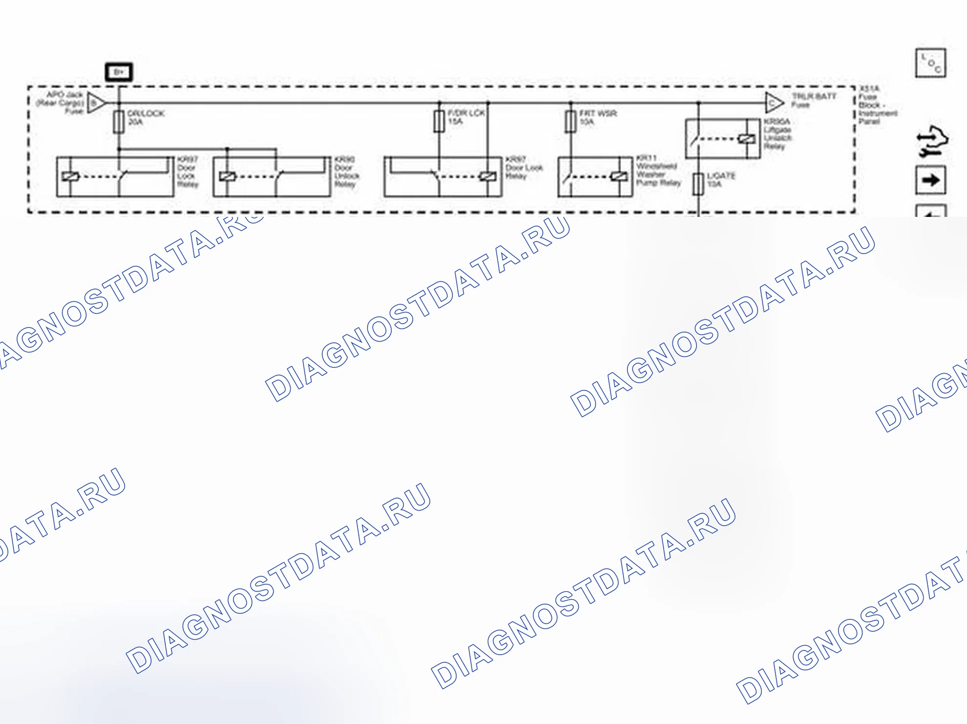 Рис. 51: Предохранители DR замок, F / DR Lck, L / GATE и WASHER. Chevrolet Captiva I рестайлинг 2