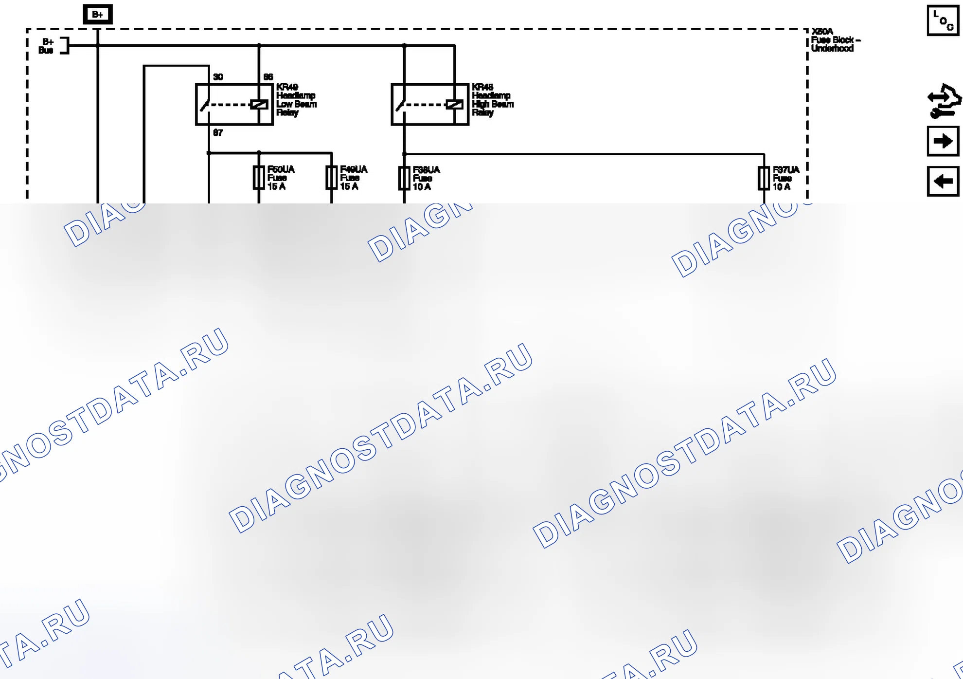 Рис. 58: Схемы подключения предохранителей F37UA, F38UA, F49UA и F50UA. Buick Regal V