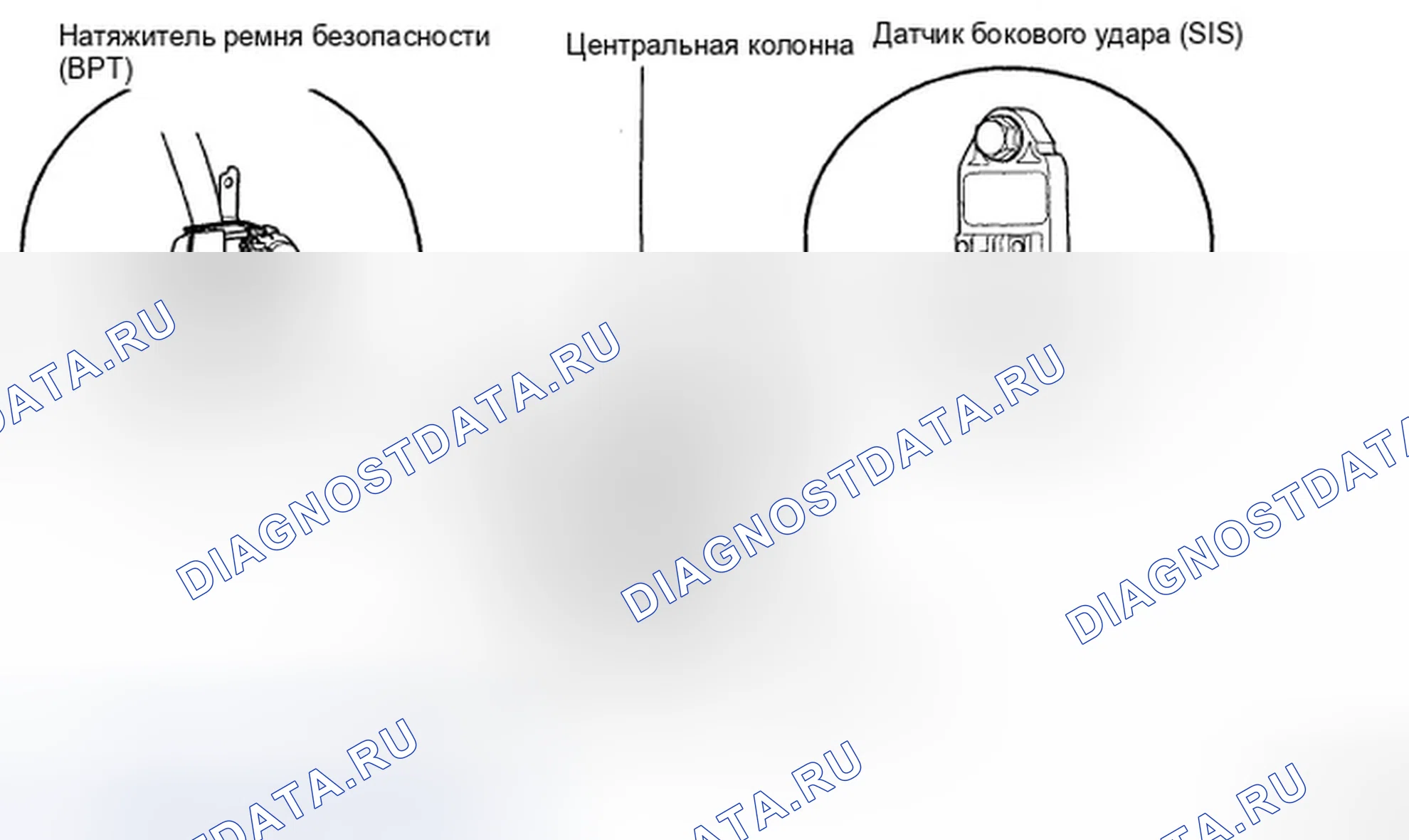 Рис. 116: Идентификация расположения компонентов устройства предварительного натяжения ремня безопасности (Bpt) / датчика бокового удара (SIS). Hyundai Elantra IV